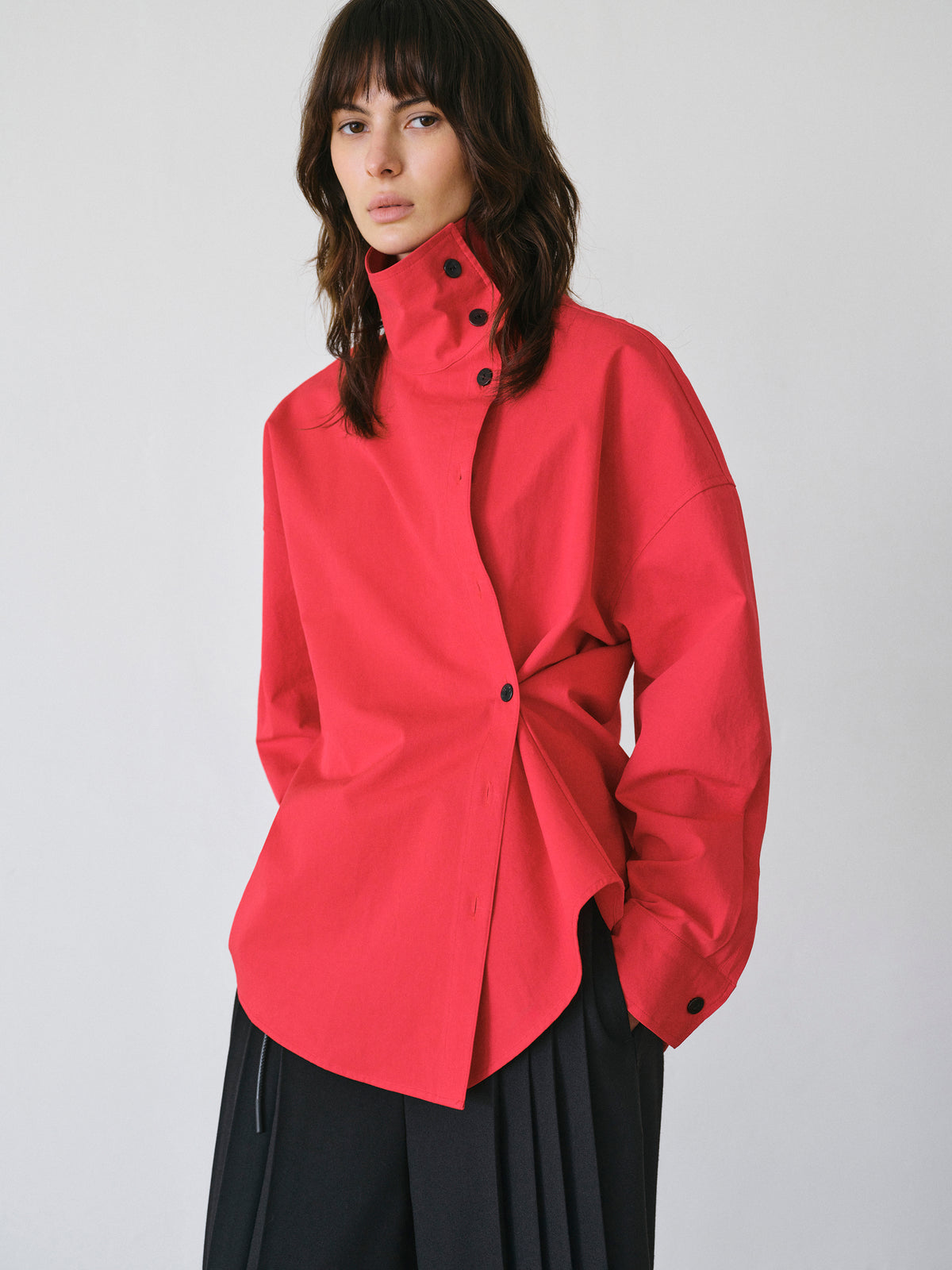 Scala Offset Button Funnel-Neck Shirt, Red