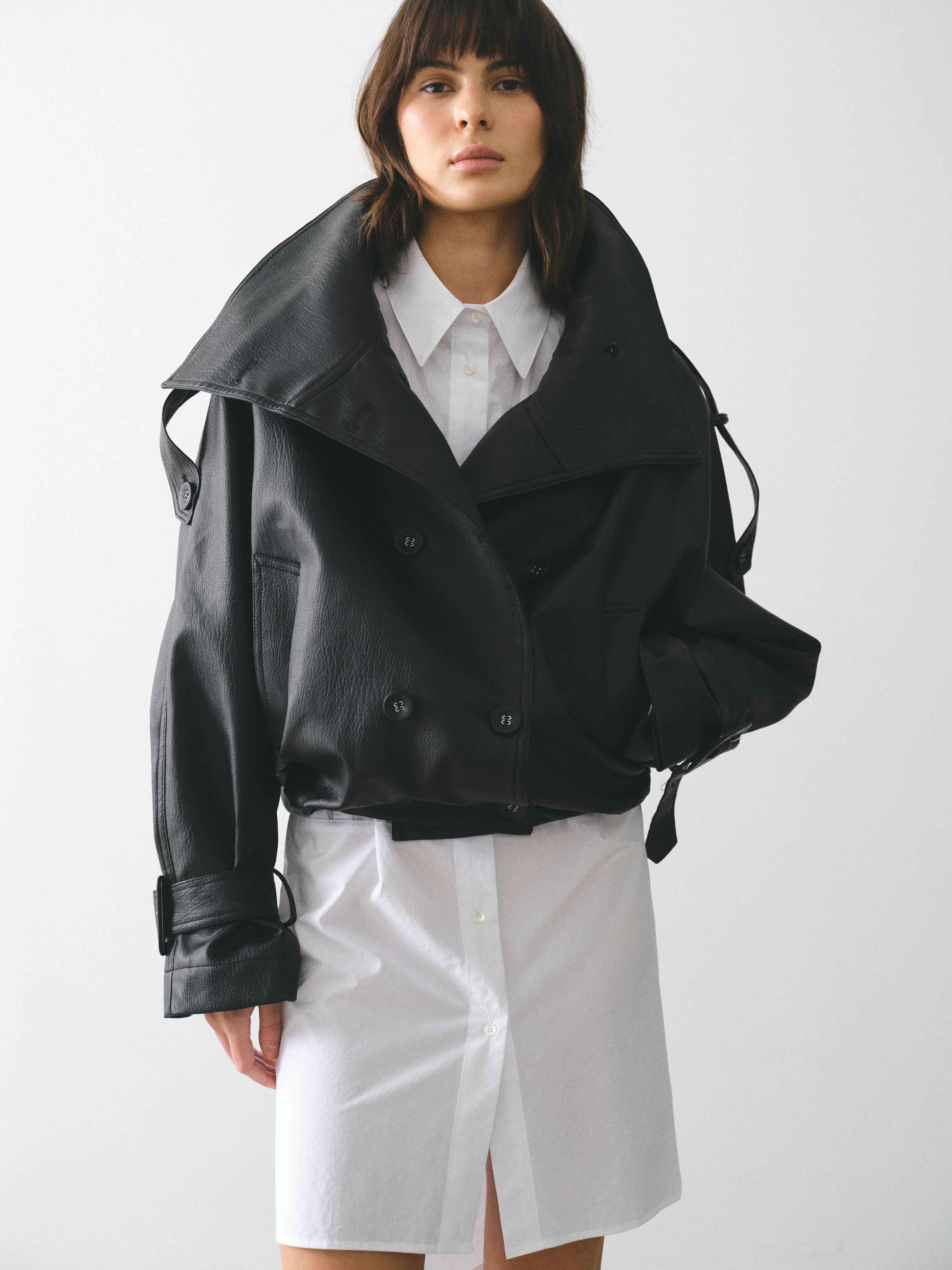 Funnel-Neck Faux-Leather Jacket, Black