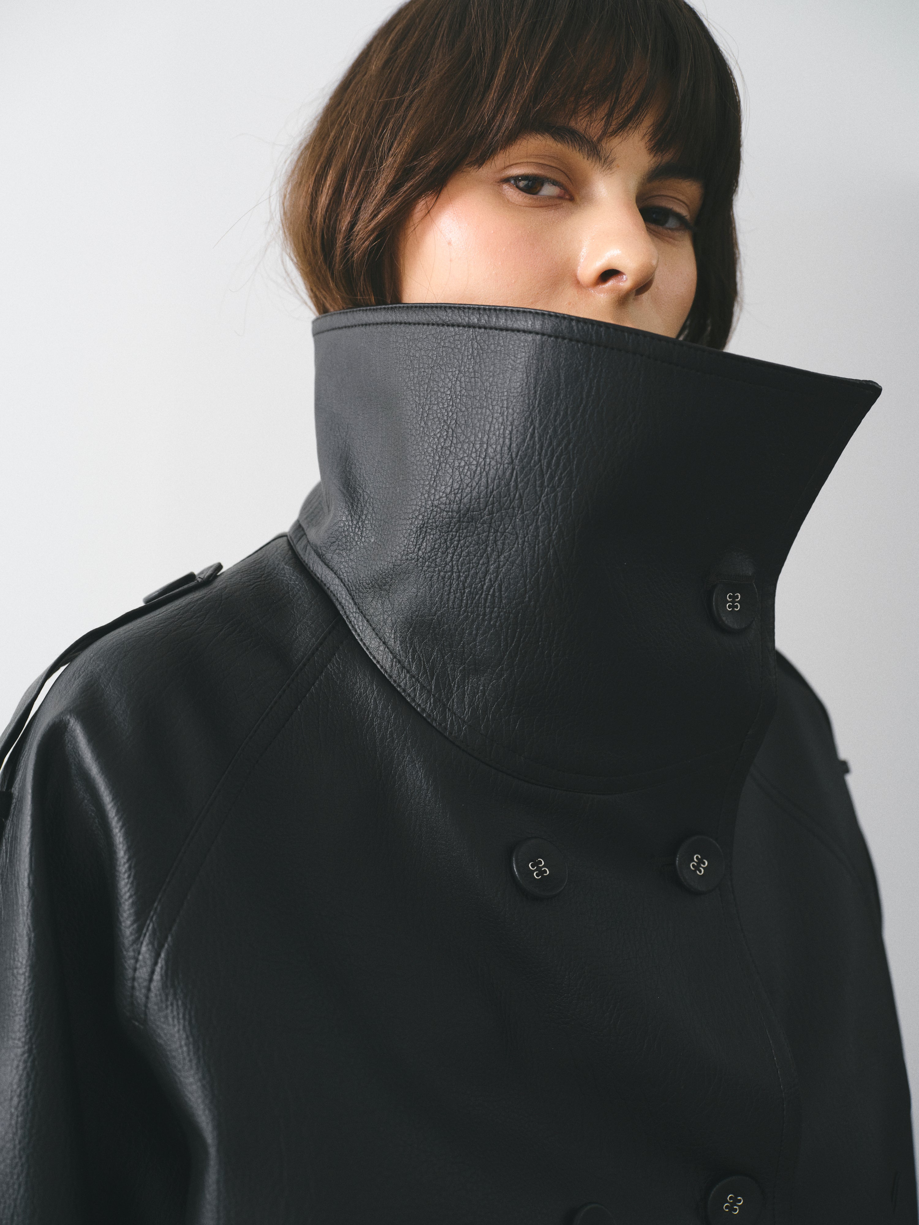 Funnel-Neck Faux-Leather Jacket, Black