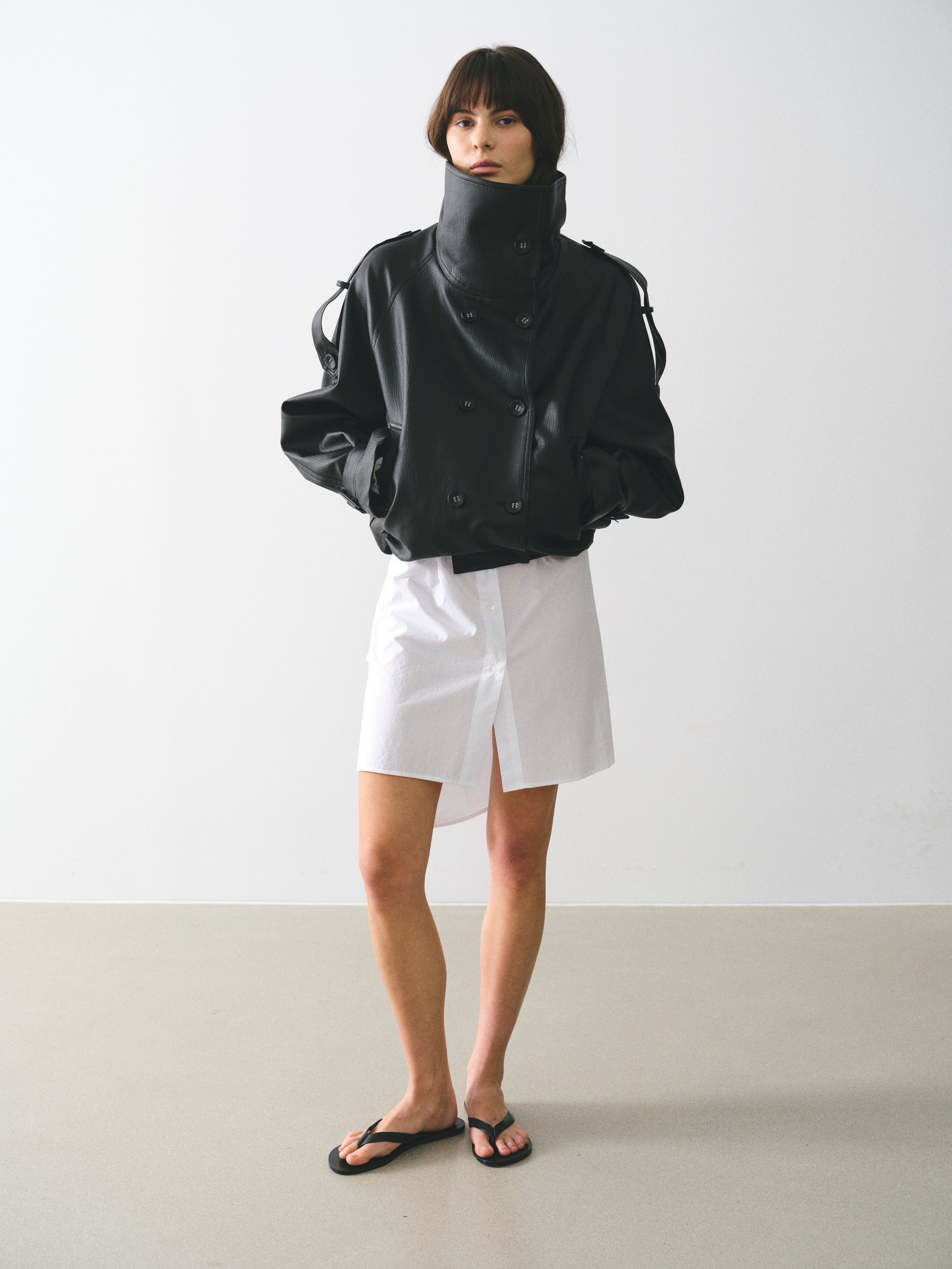 Funnel-Neck Faux-Leather Jacket, Black