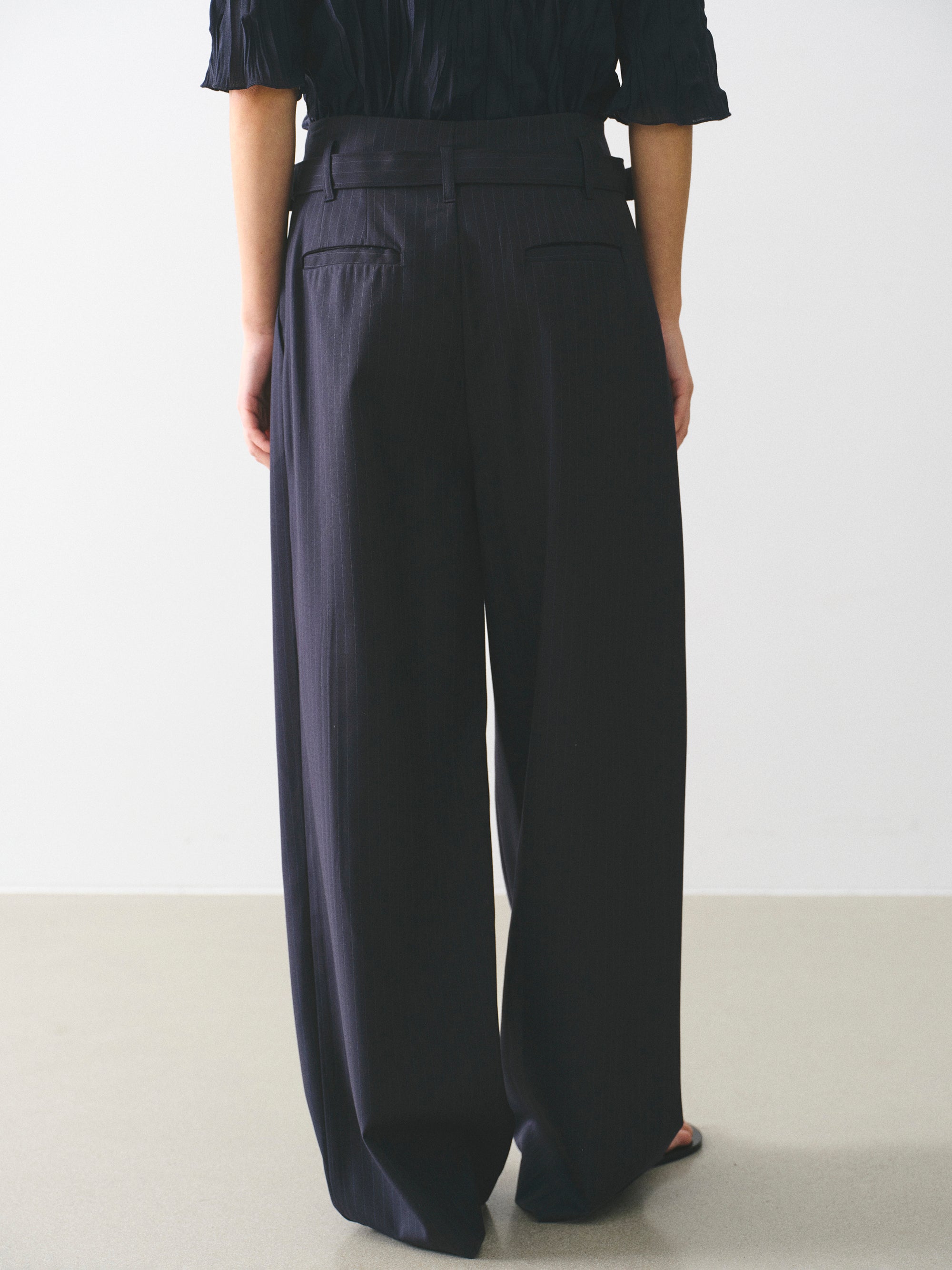 Belted Pinstripe Trousers, Navy
