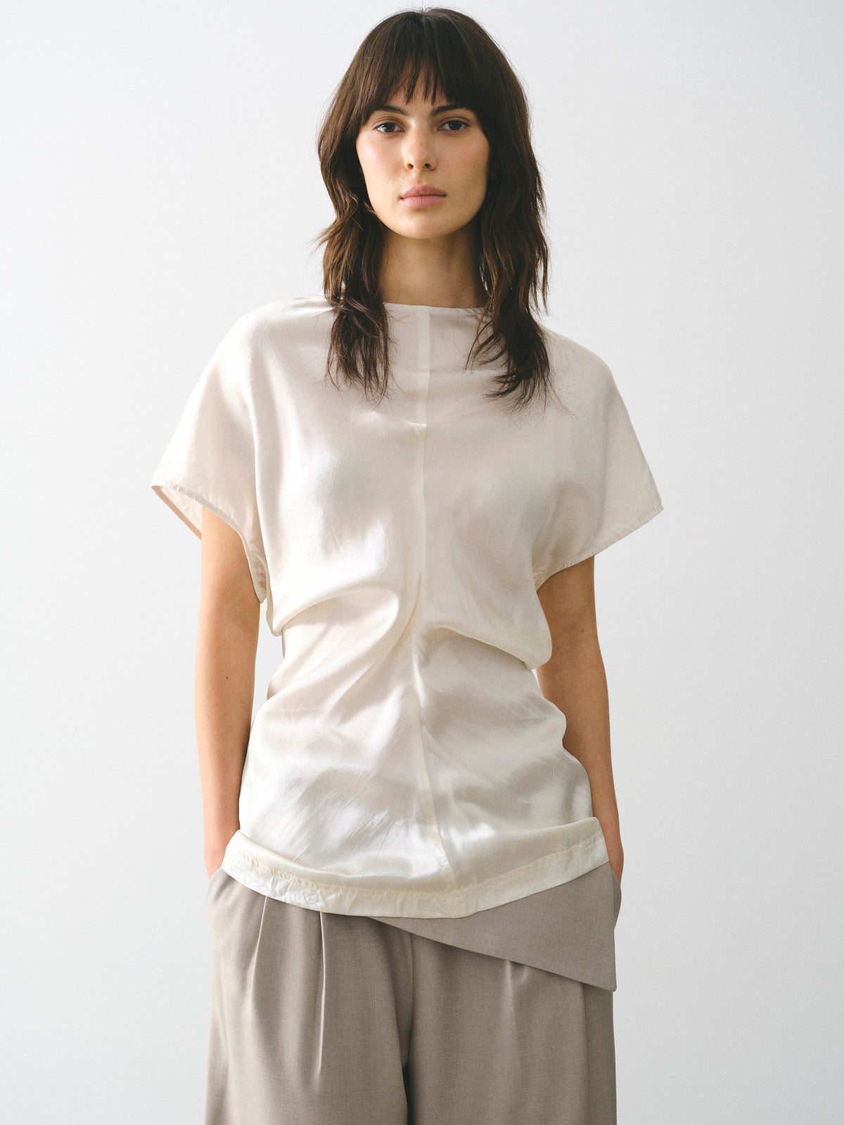Caliga Slouch Waist Satin Top, Ivory
