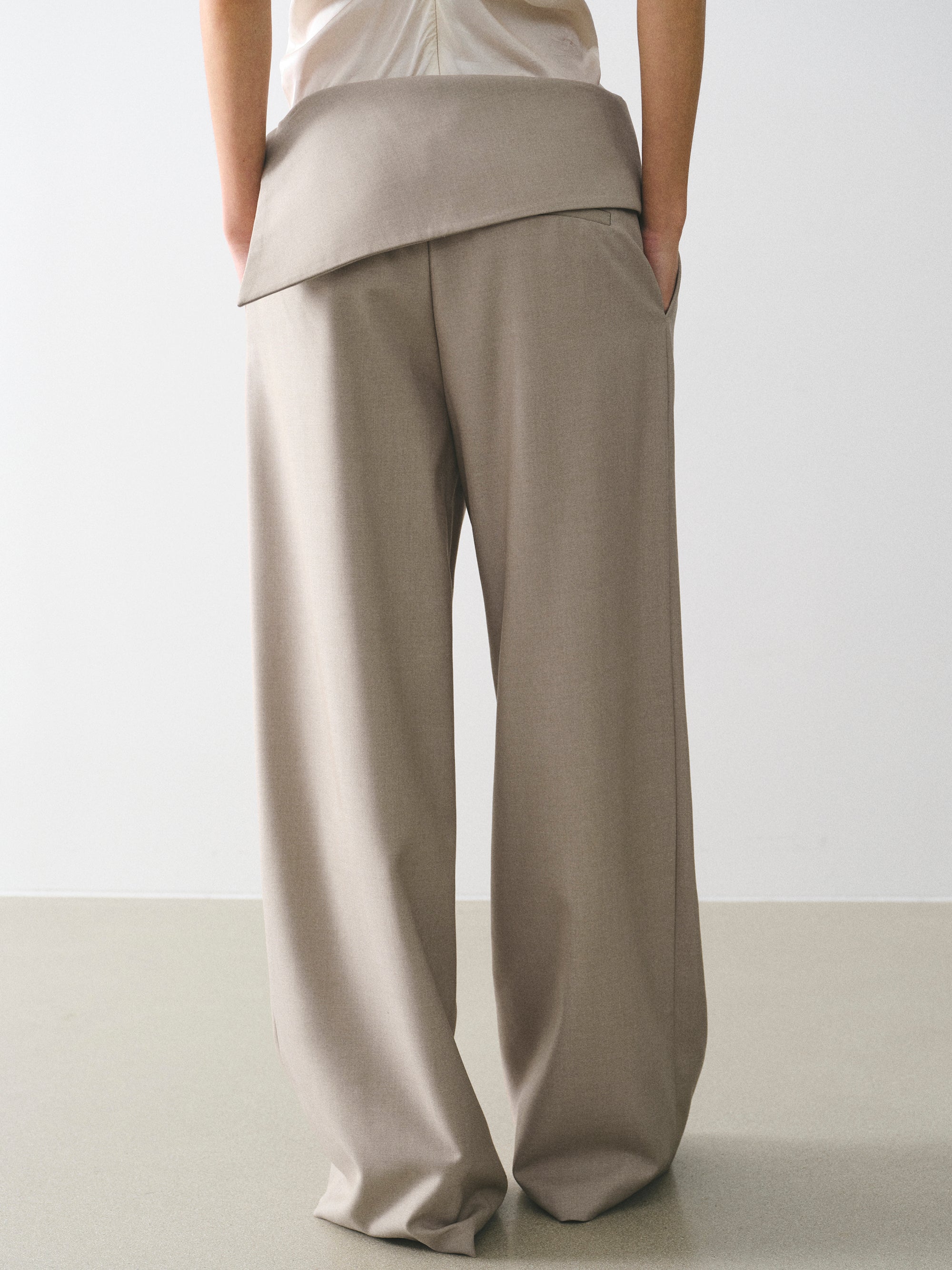 Asymmetric Folded Trousers, Beige
