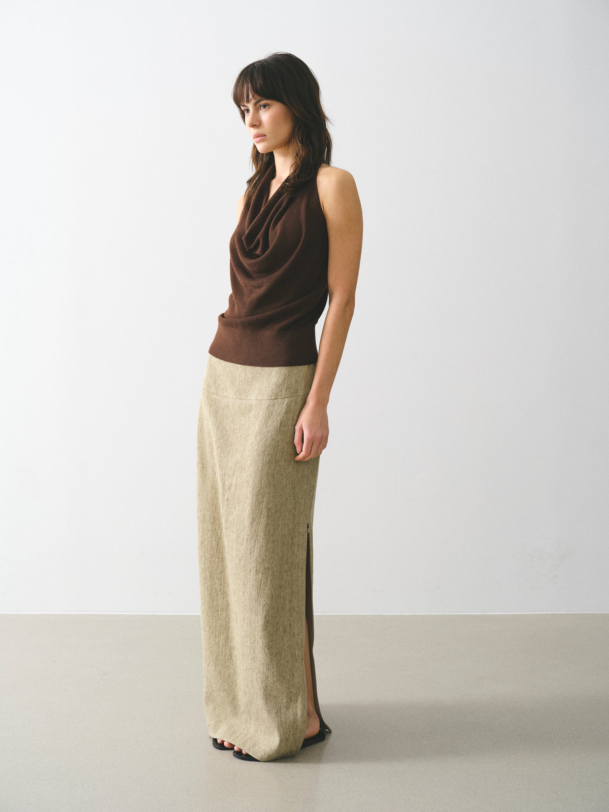 Reve Side-Slit Linen-Blend Skirt, Beige