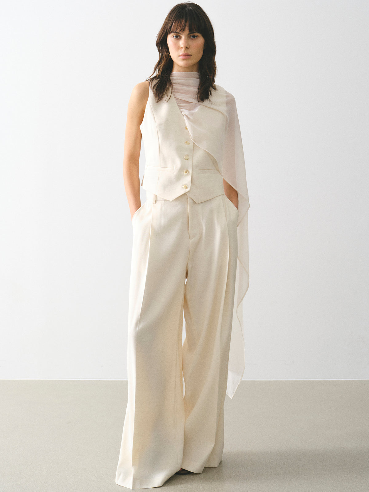 Adelia Press-Crease Tailored Trousers, Cream