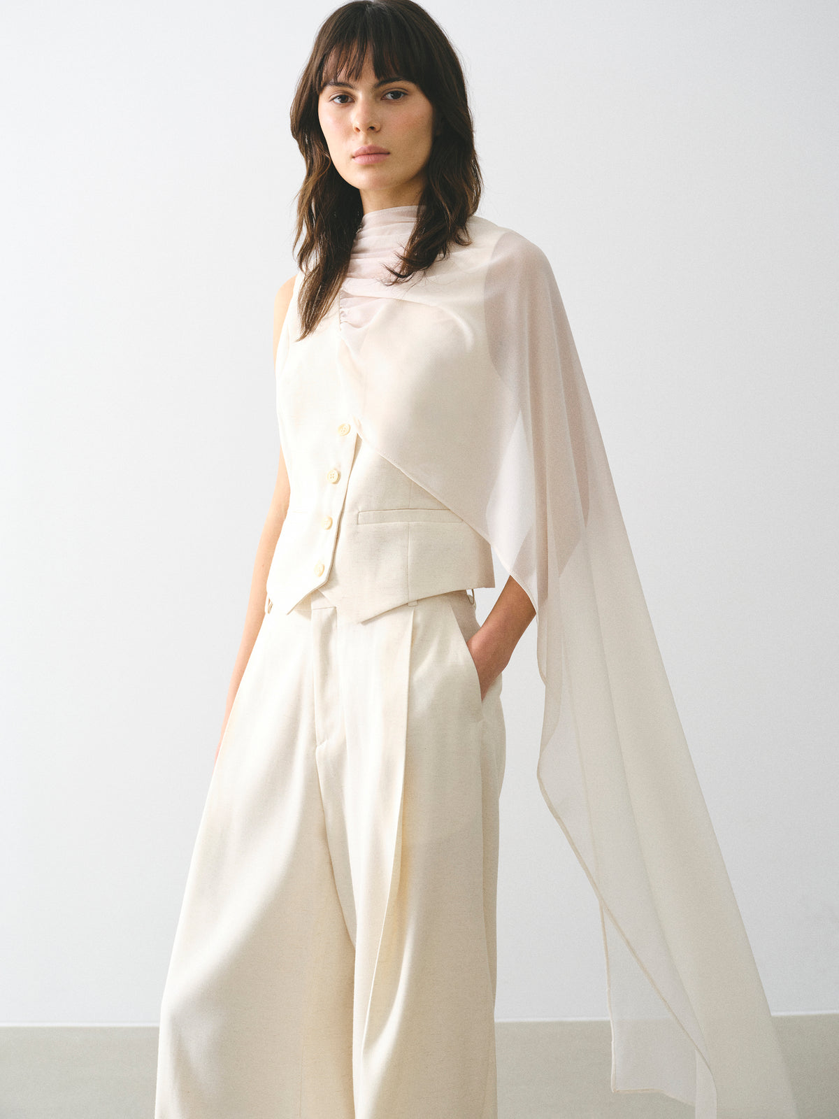 Adelia Scarf-Neck Waistcoat, Cream