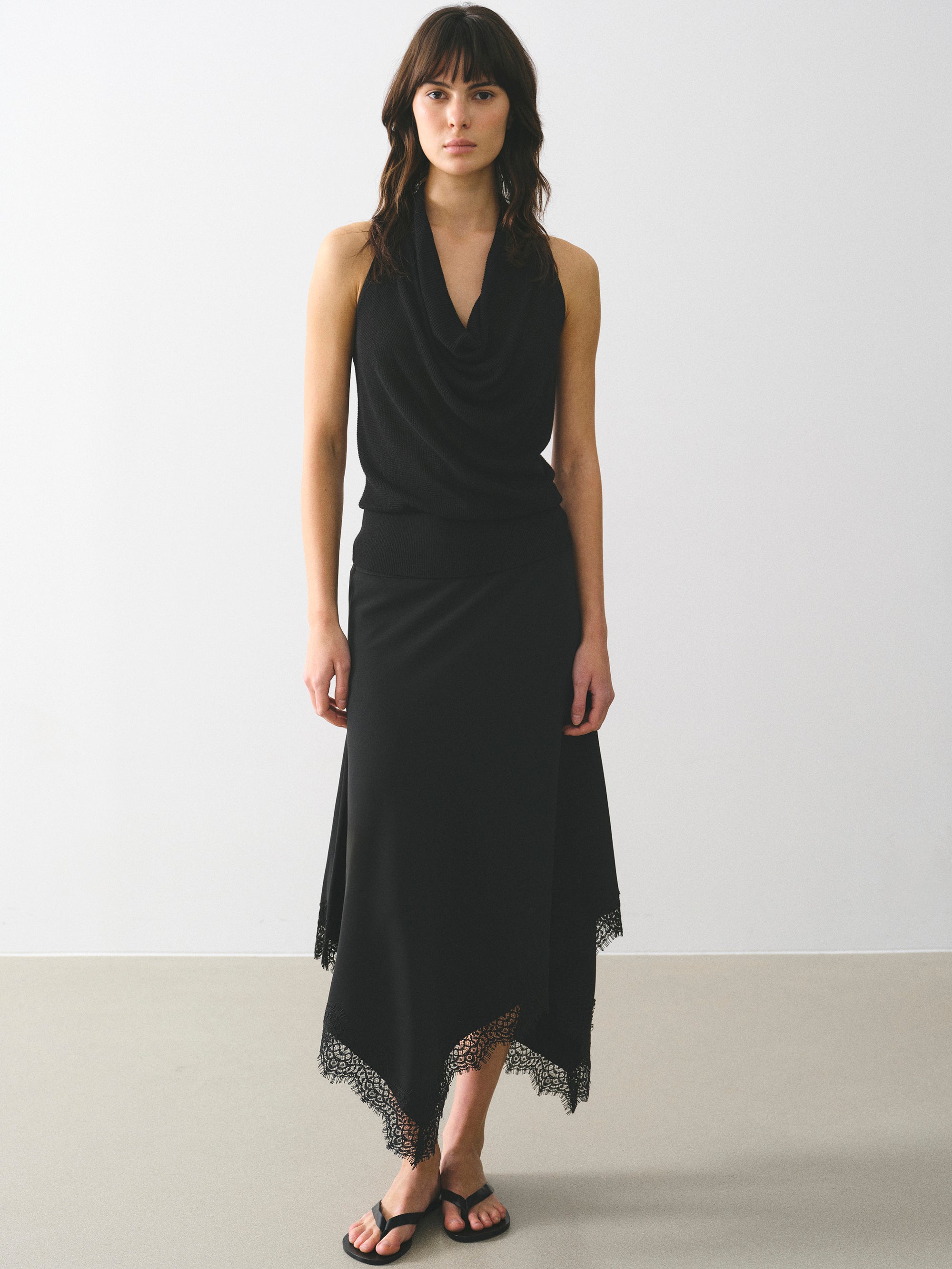 Cowl-Neck Halter Knit Top, Black