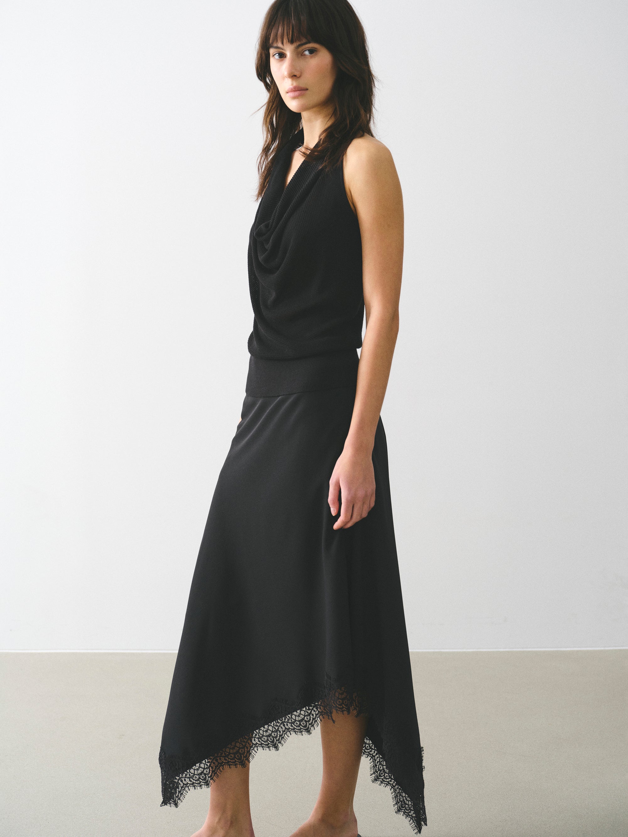 Asymmetric Lace-Trimmed Skirt, Black