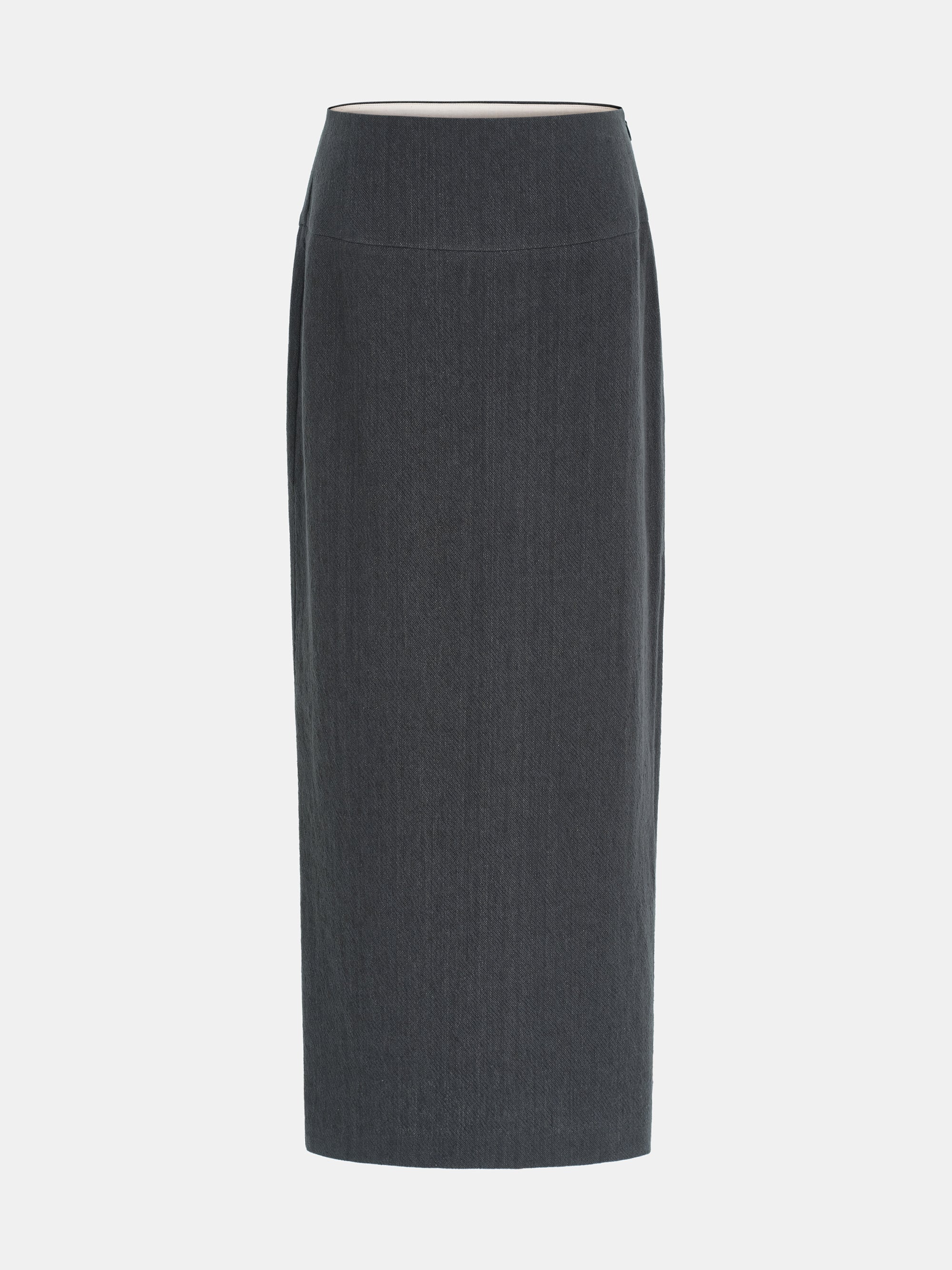 Side-Slit Linen-Blend Skirt, Charcoal
