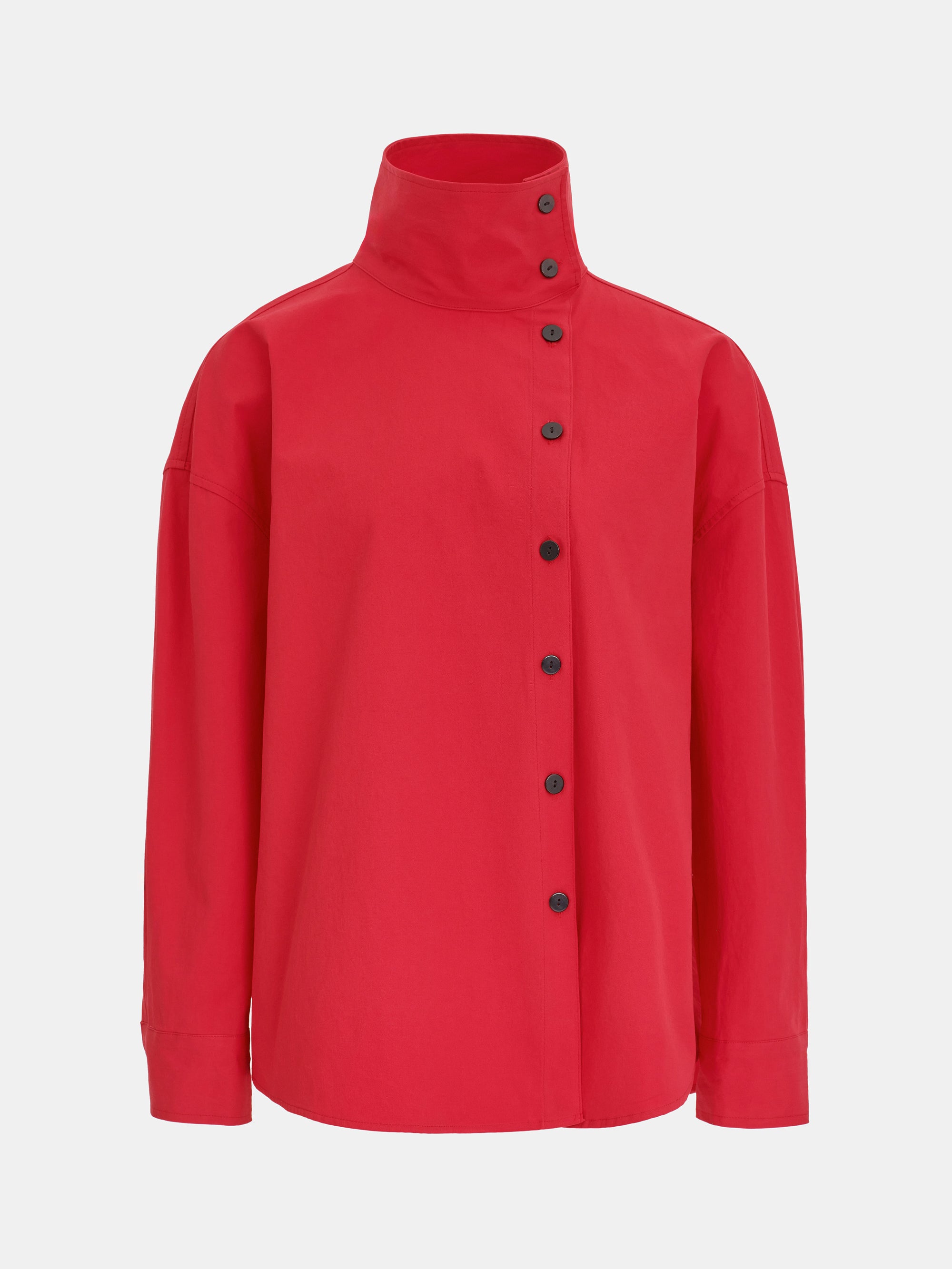 Offset Button Funnel-Neck Shirt, Red