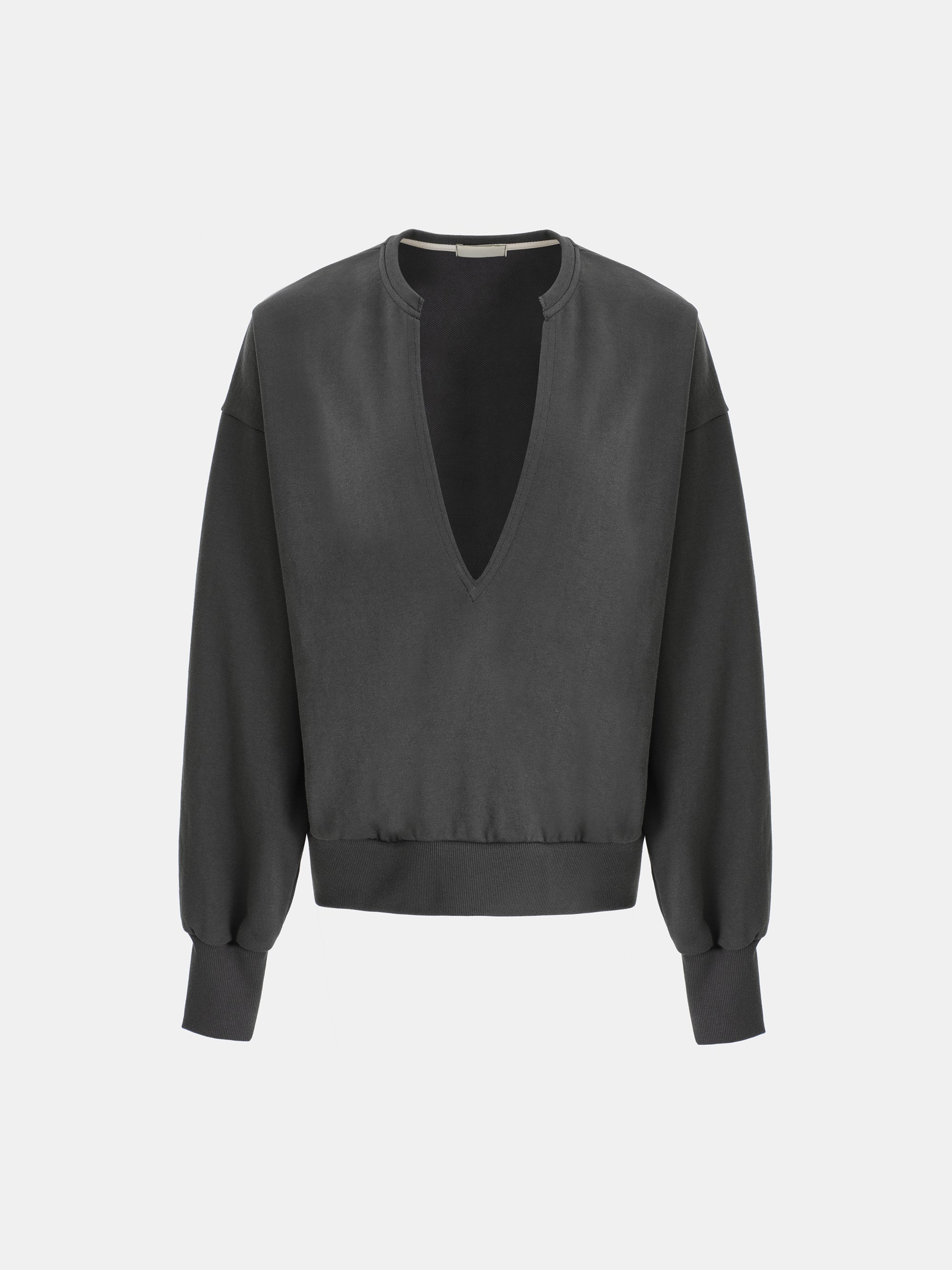 Deep V-Neck Sweatshirt, Charcoal