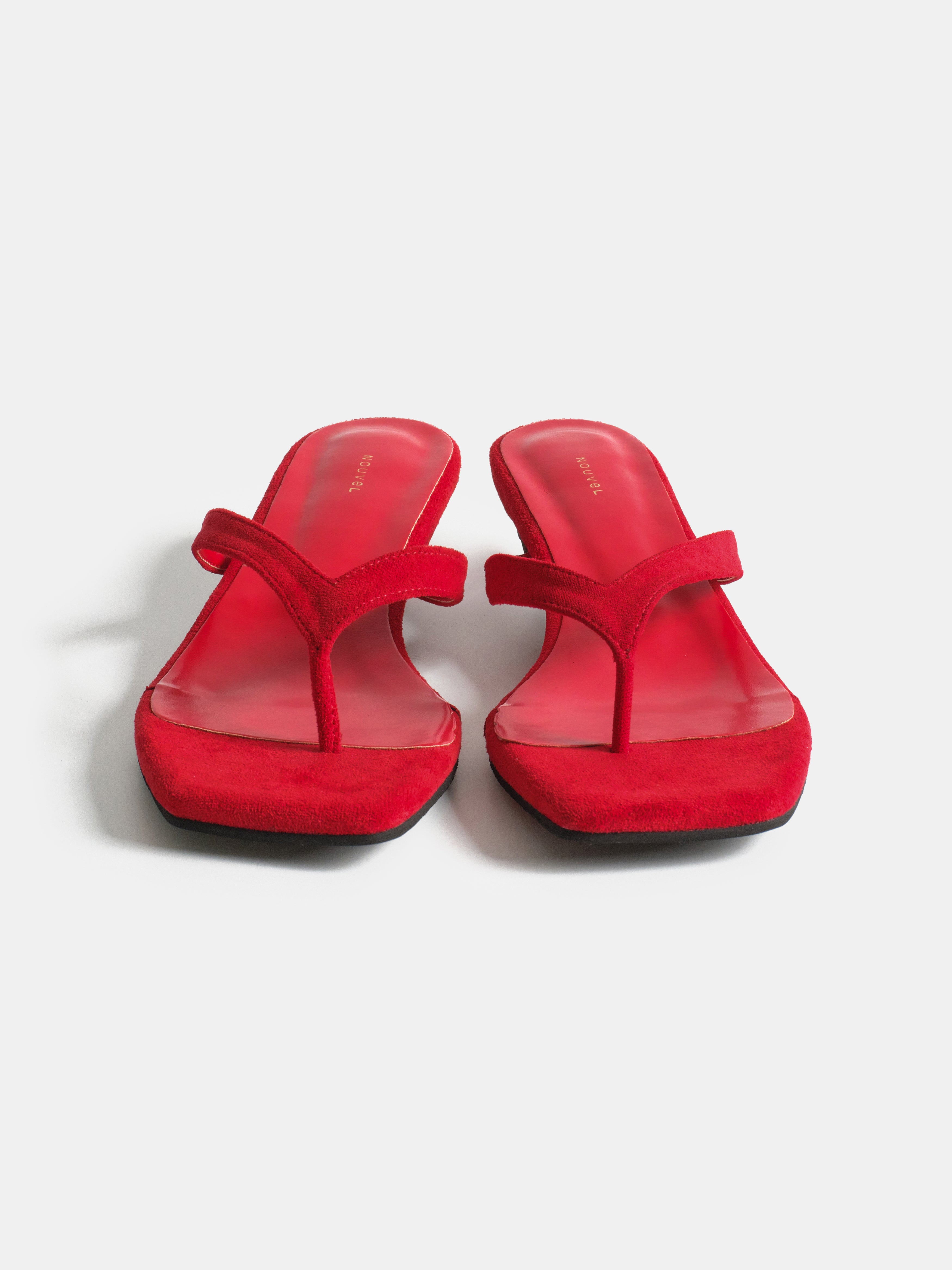 Suede Square-Toe Thong Sandals, Red