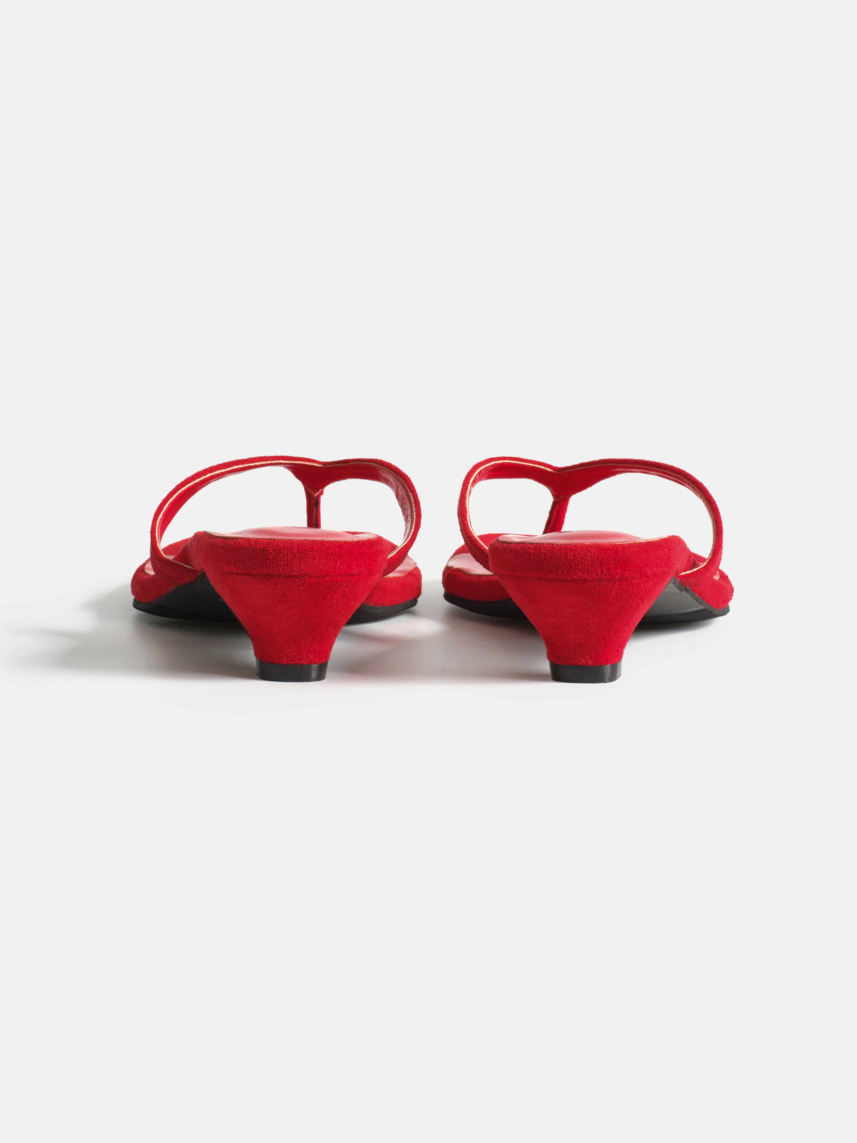 Suede Square-Toe Thong Sandals, Red