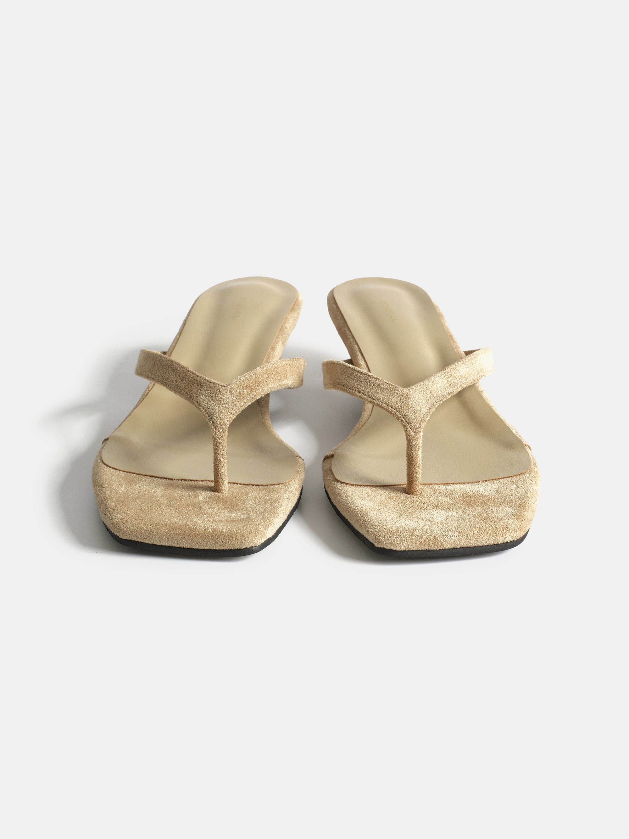 Suede Square-Toe Thong Sandals, Beige