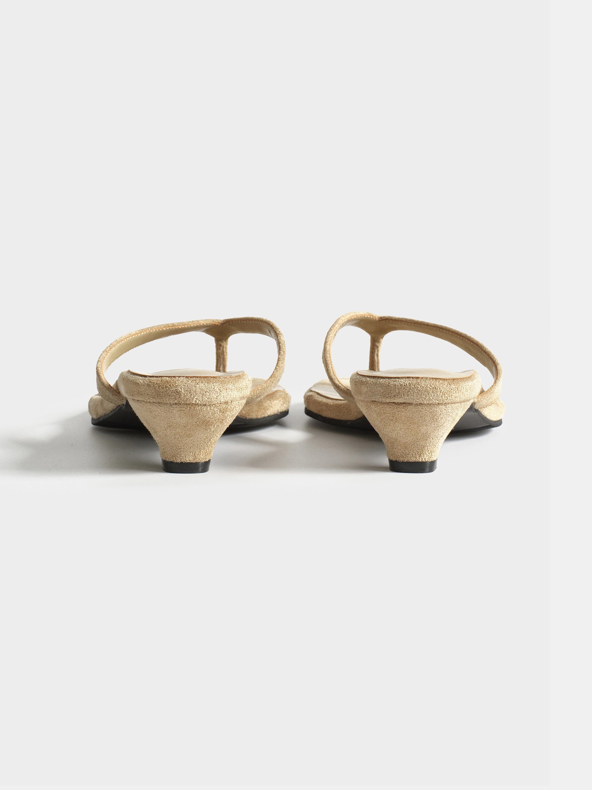 Suede Square-Toe Thong Sandals, Beige