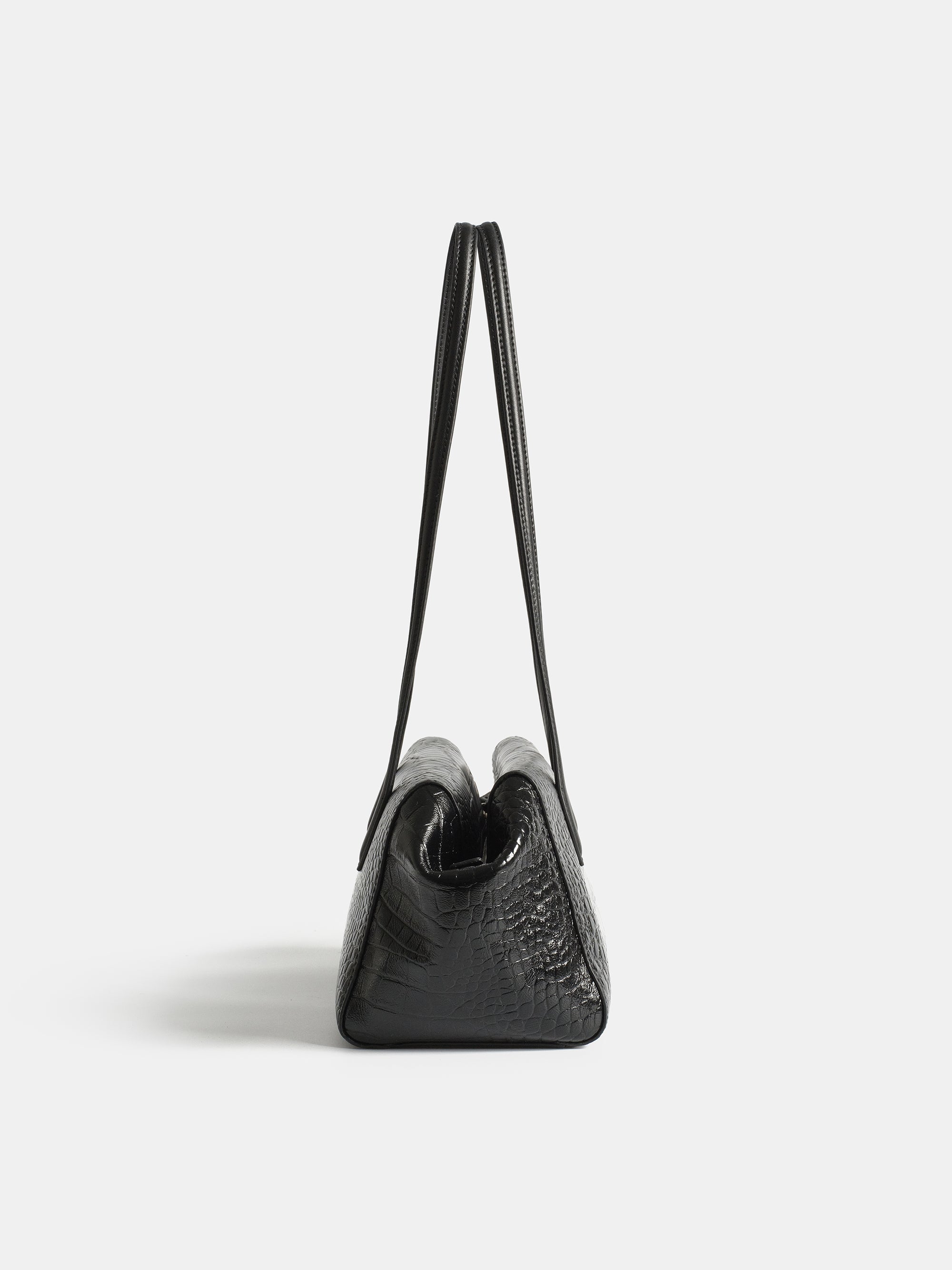 Croc-Embossed Leather Tote Bag, Black