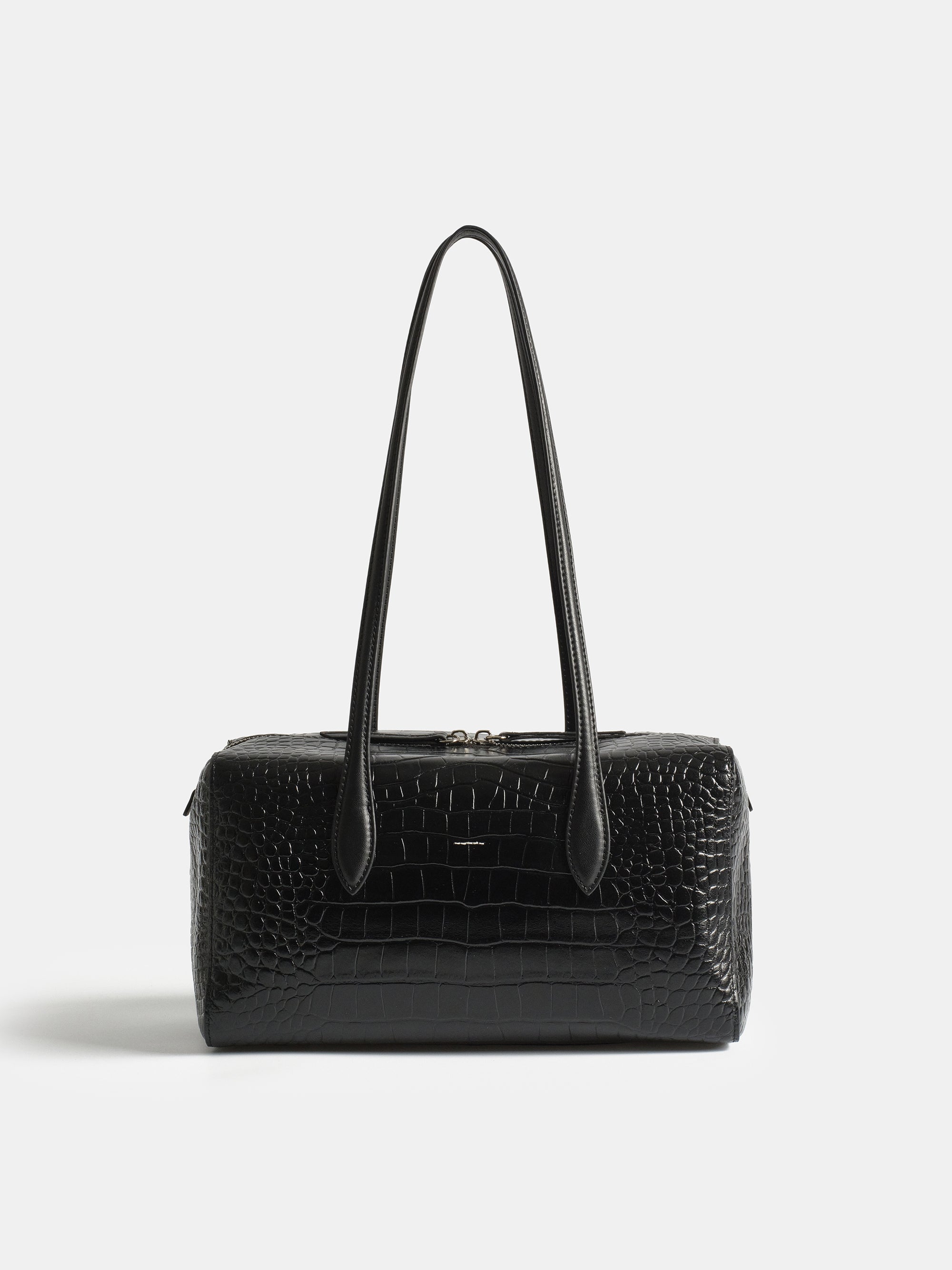Croc-Embossed Leather Tote Bag, Black