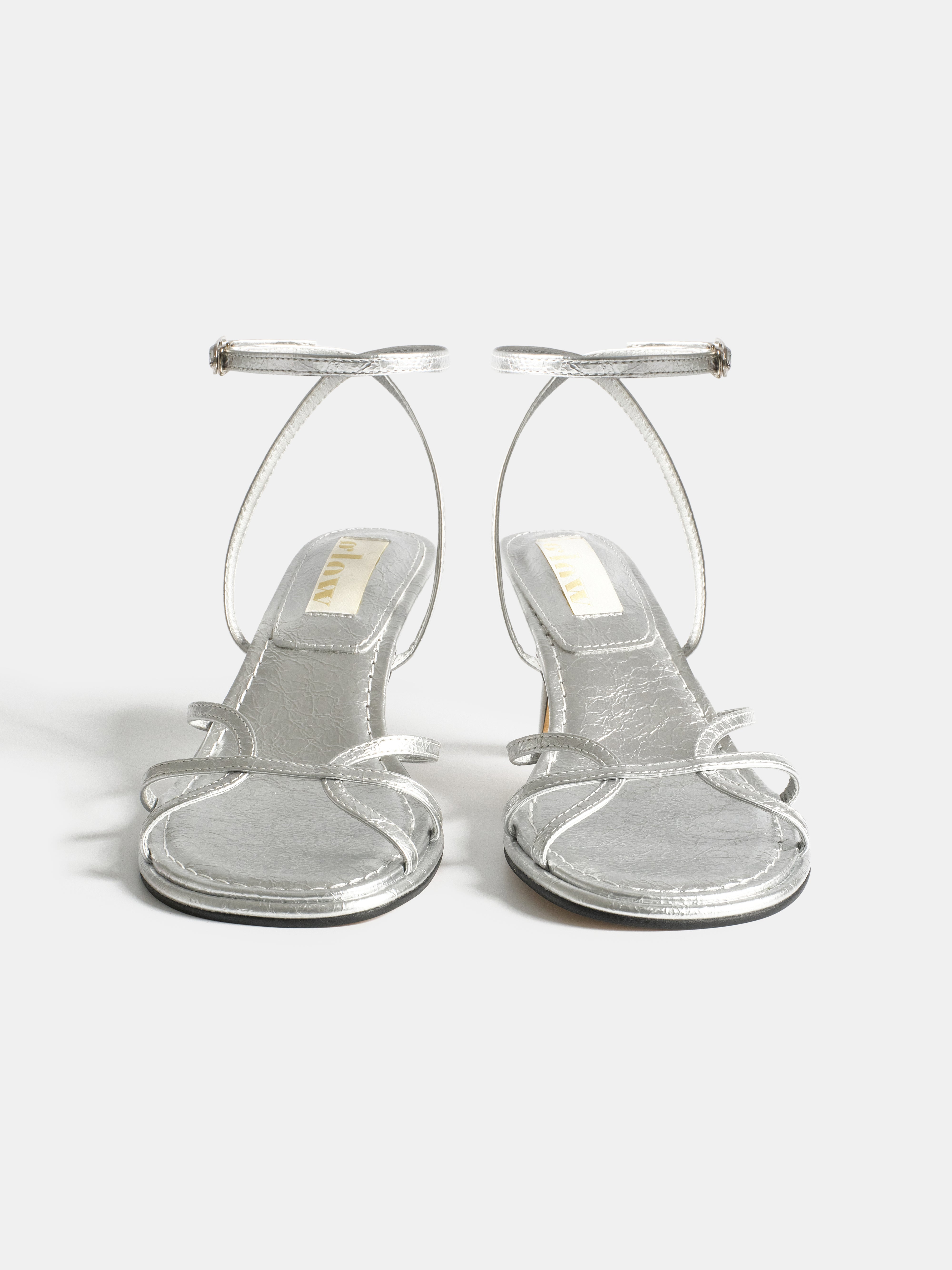 Crinkled Strappy Heeled Sandals, Silver