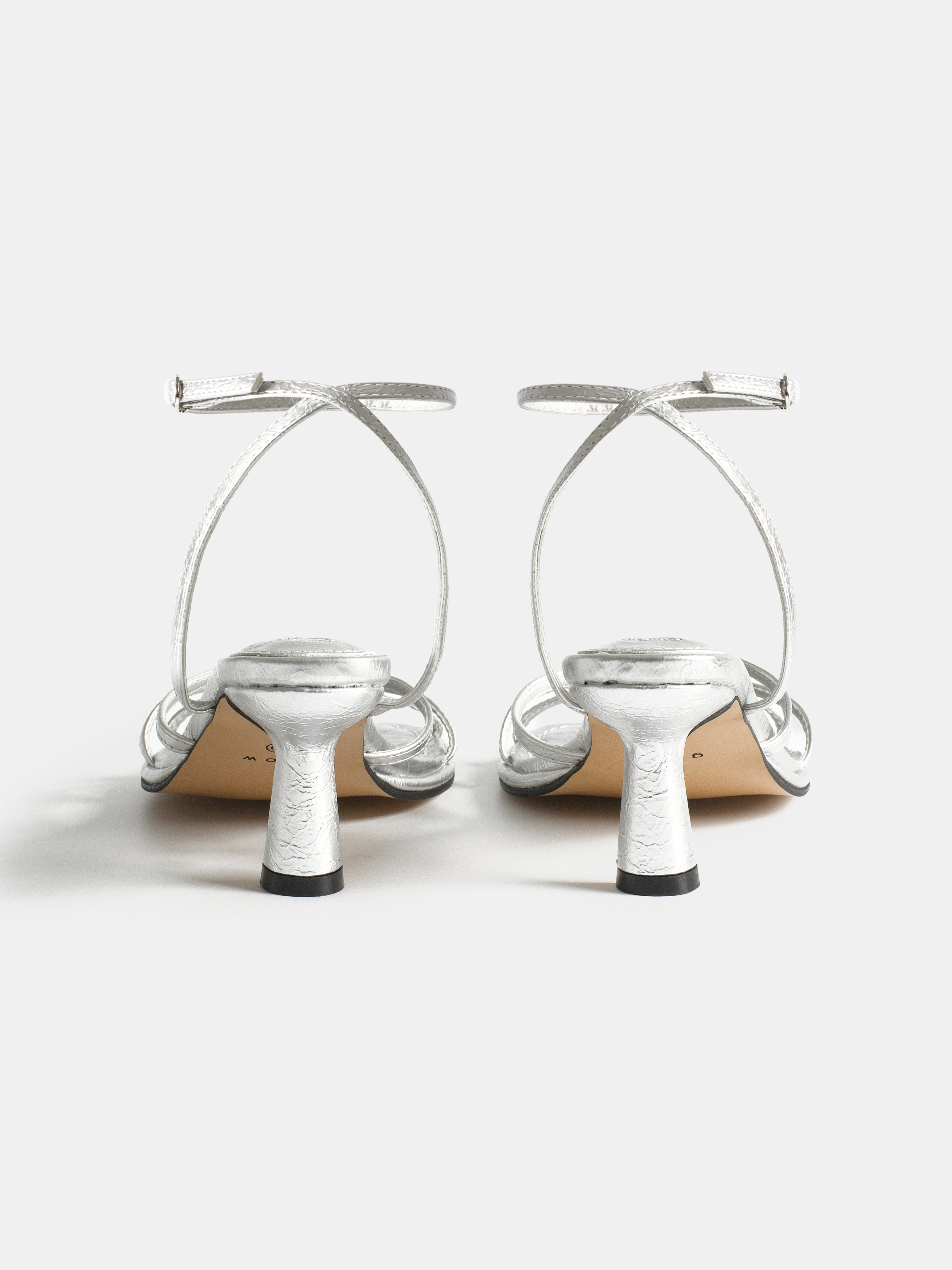 Crinkled Strappy Heeled Sandals, Silver