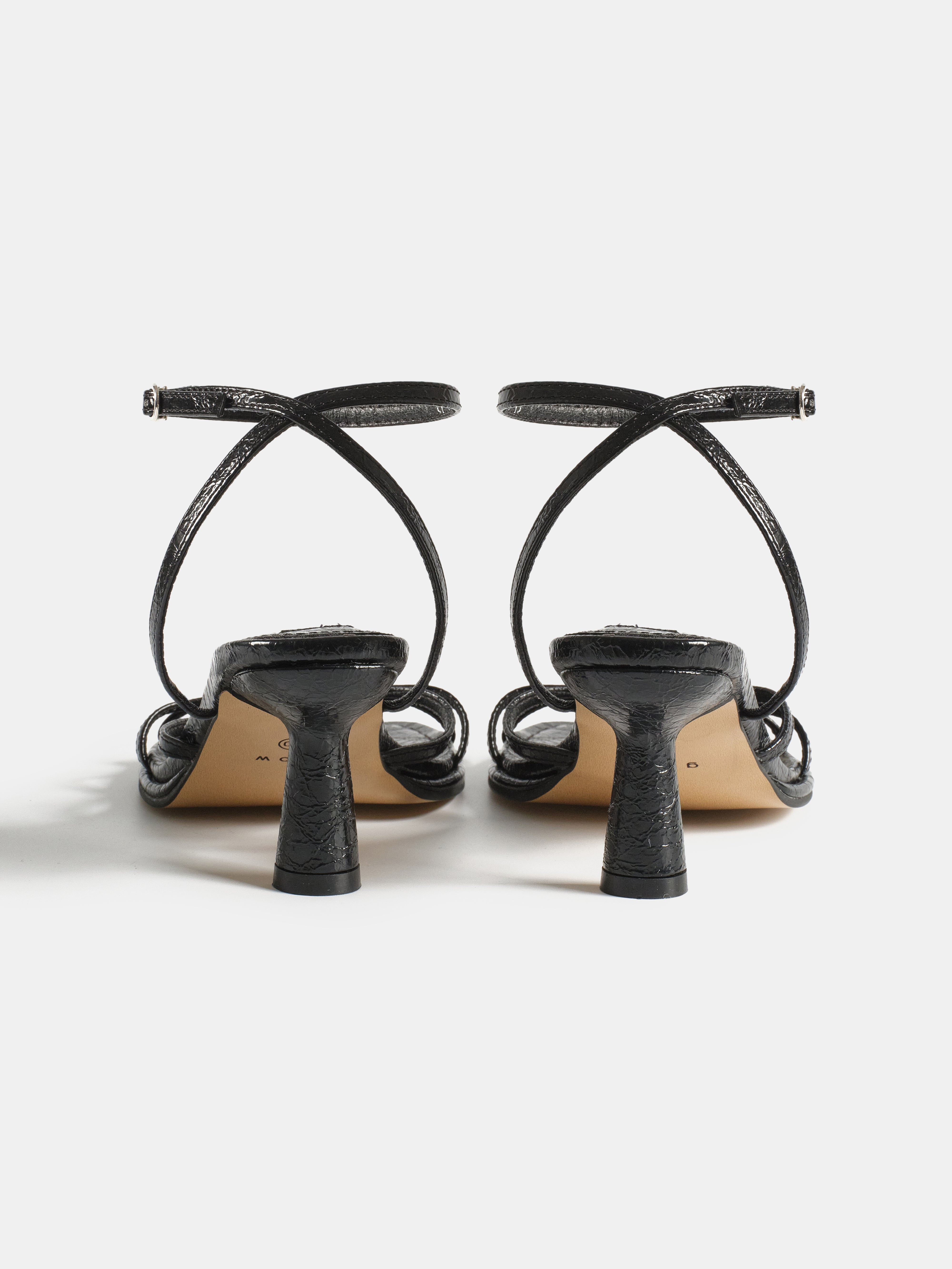 Crinkled Strappy Heeled Sandals, Black