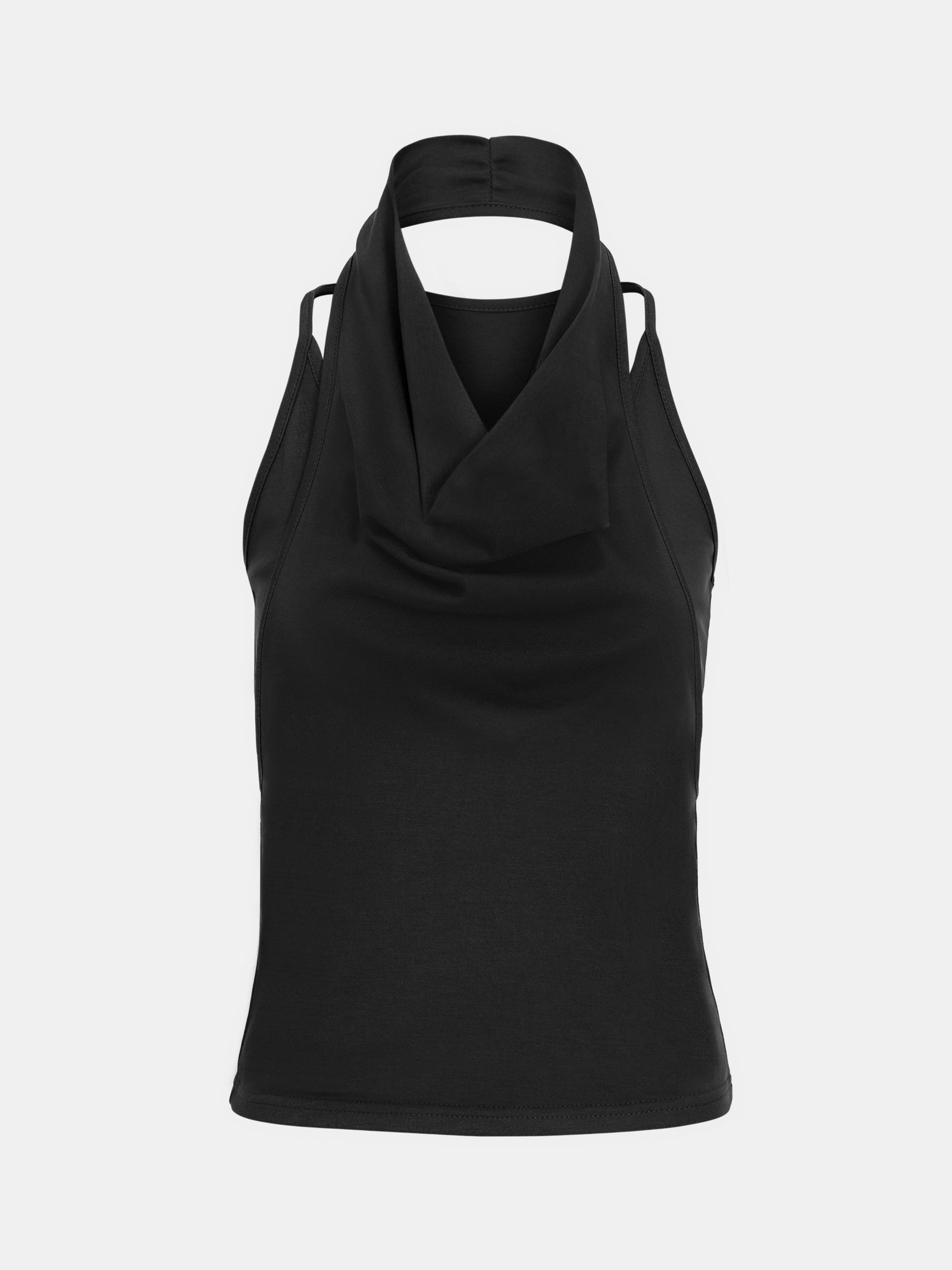 Layered Cowl Halter Top, Black