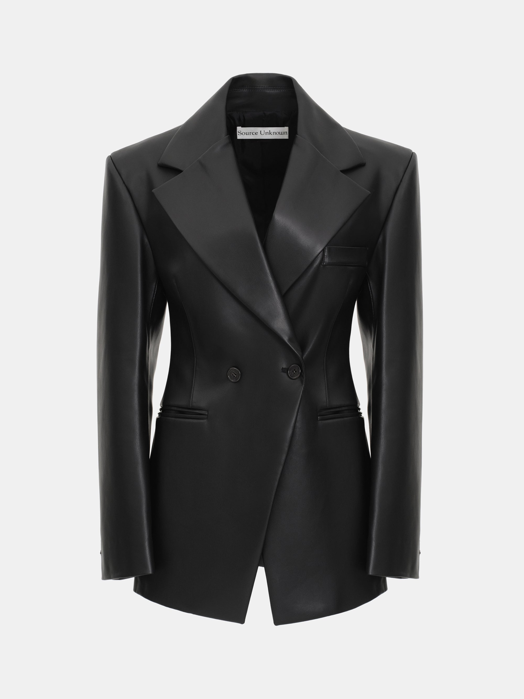 Nangy Faux-Leather Cinched Blazer, Black