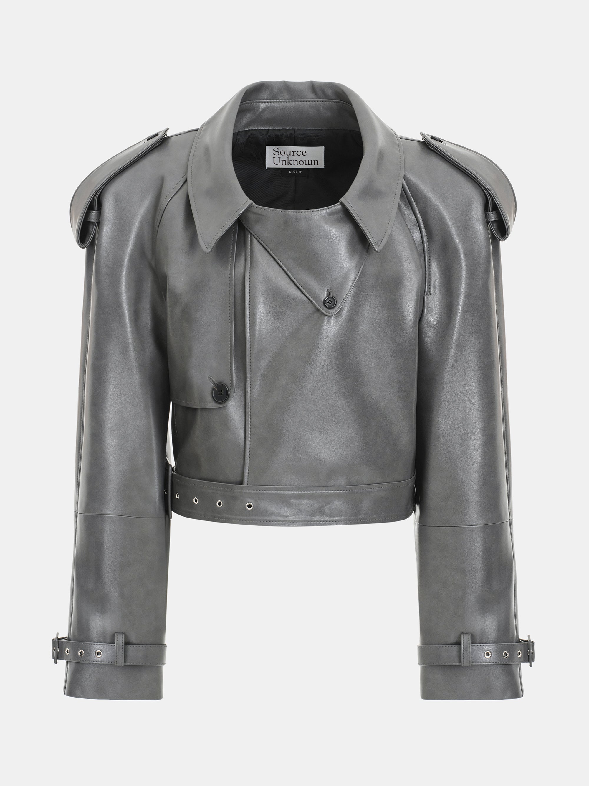 Notan Buckled Faux-Leather Cropped Jacket, Grey