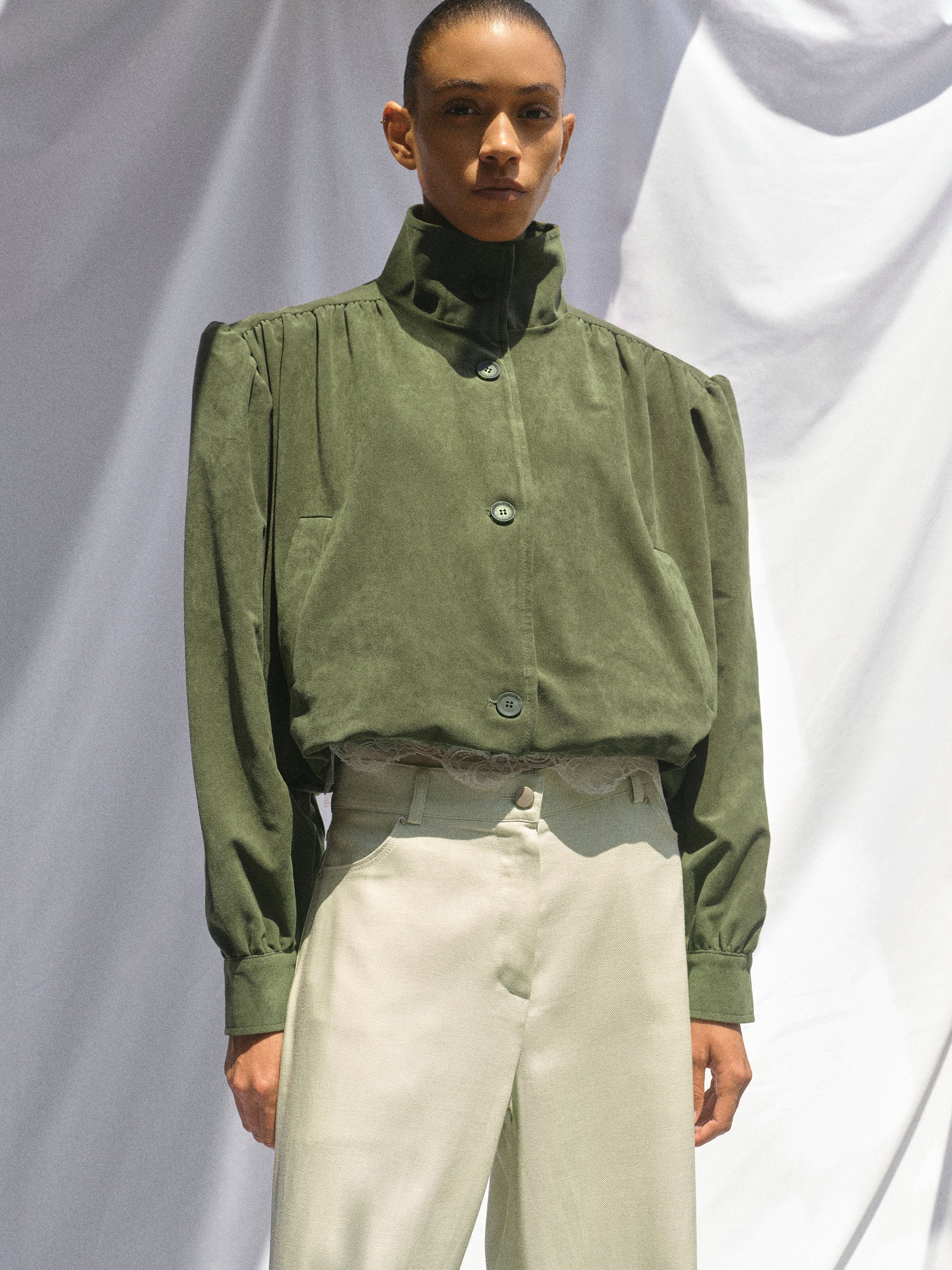 Lalisa Ruched Suede Bomber, Khaki