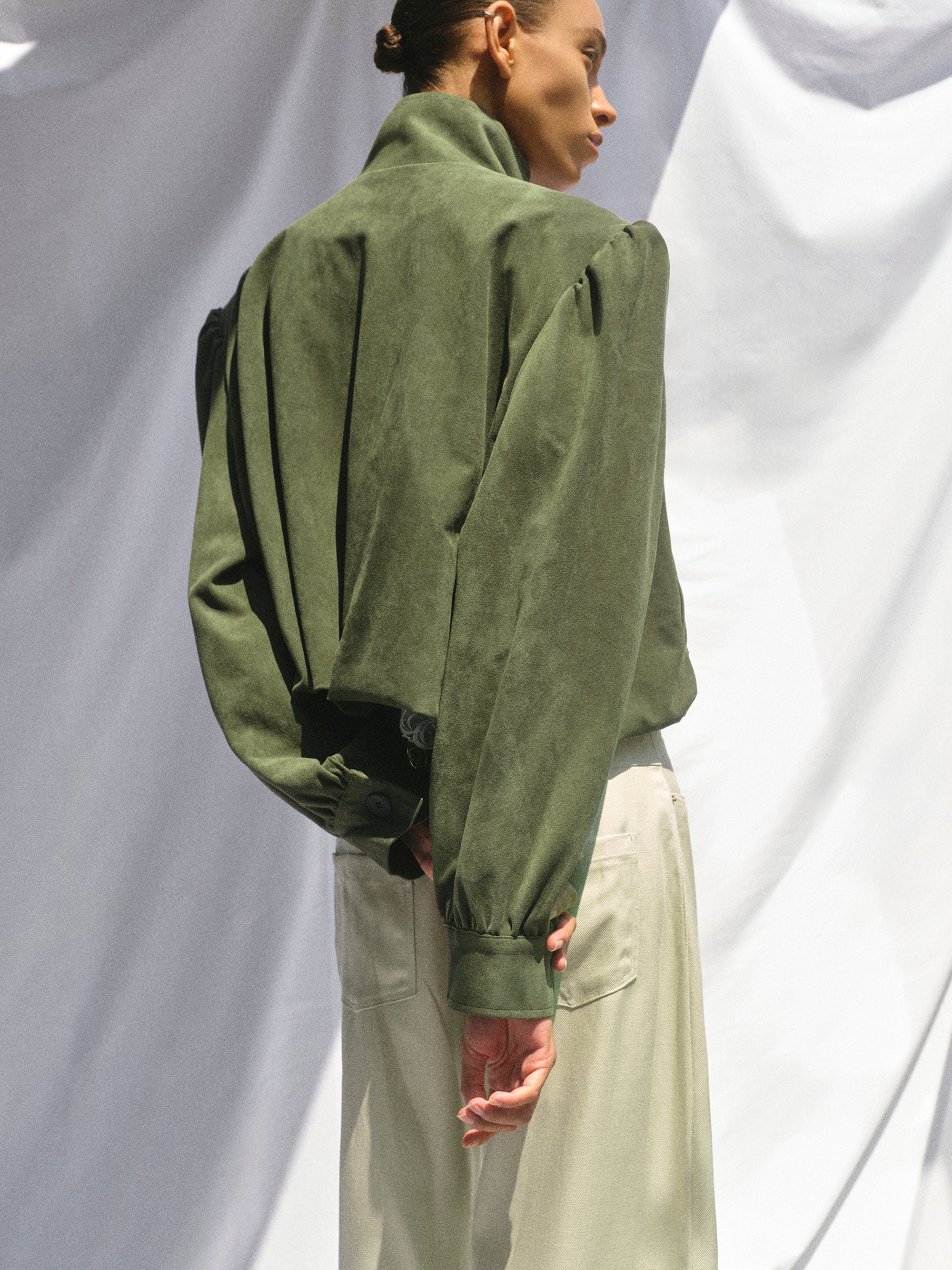 Lalisa Ruched Suede Bomber, Khaki