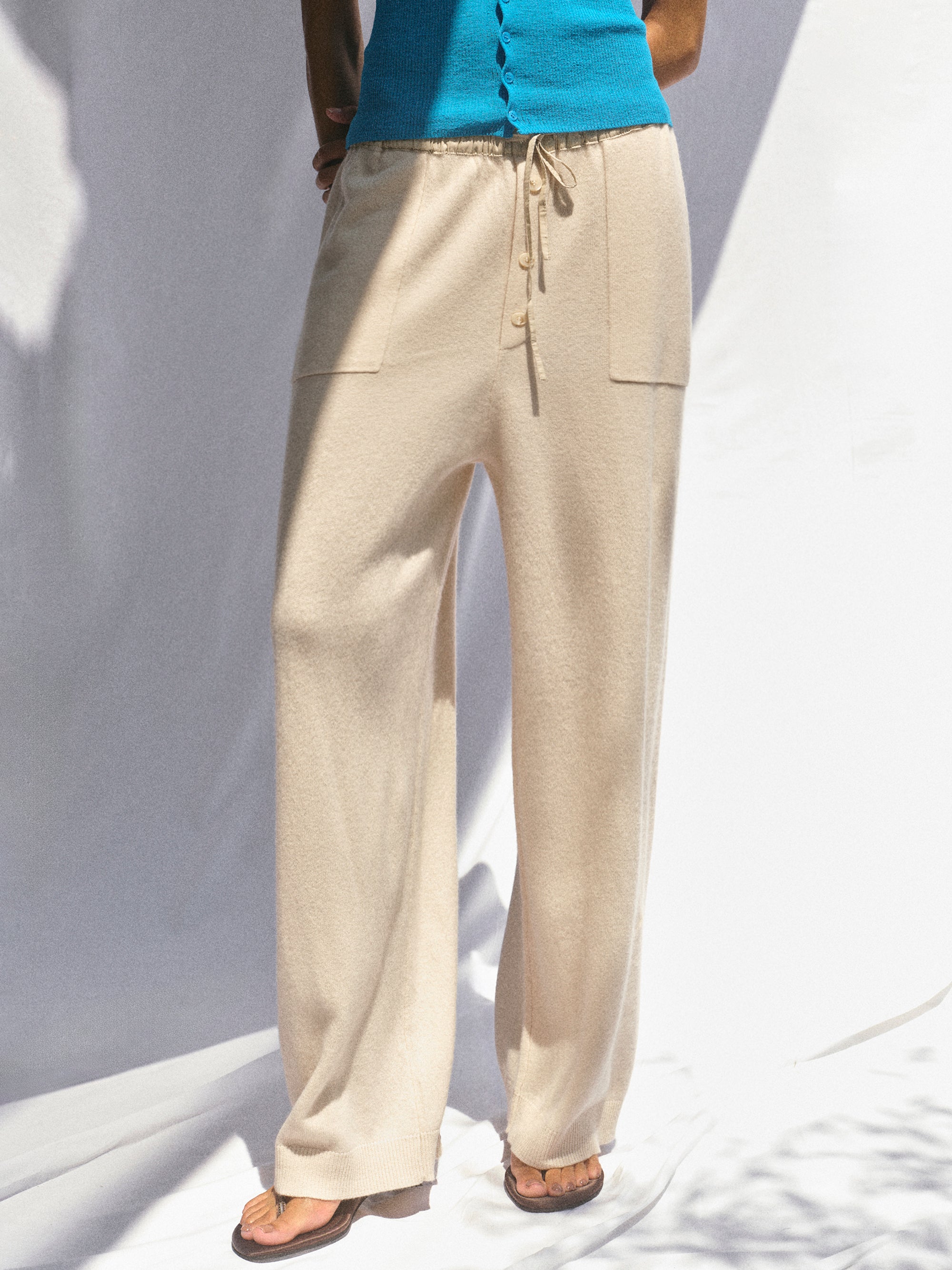 Elastic Waist Wool Pants, Ivory