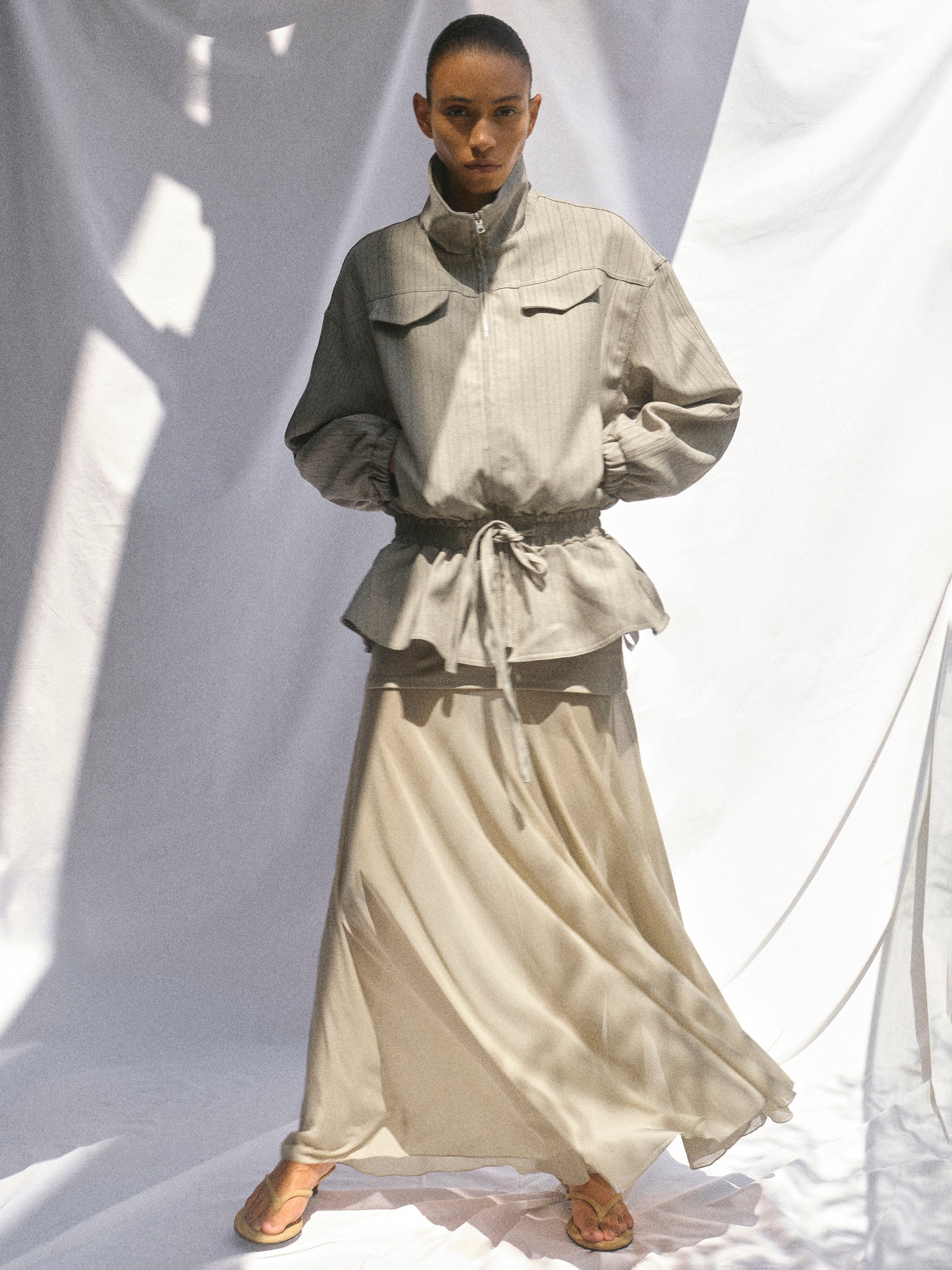 Rowan Drawstring Peplum Track Jacket, Beige