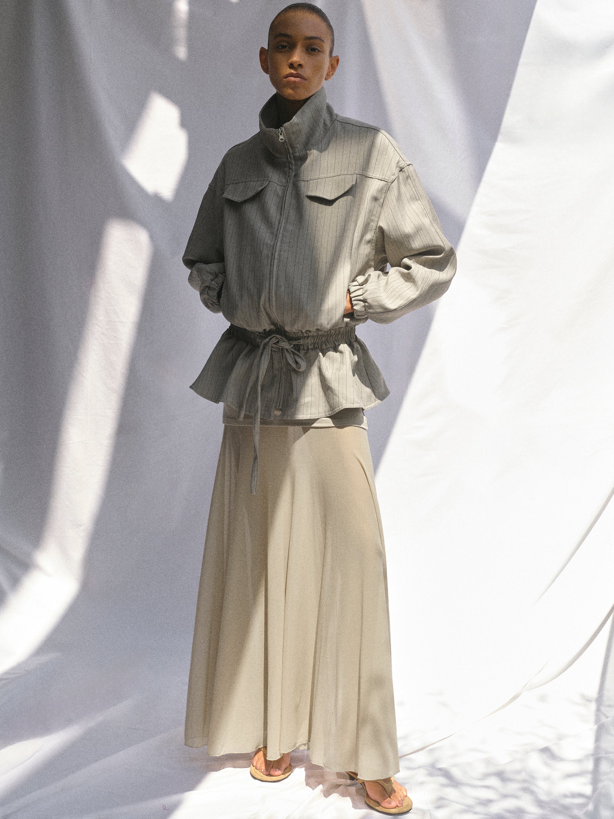 Rowan Drawstring Peplum Track Jacket, Beige