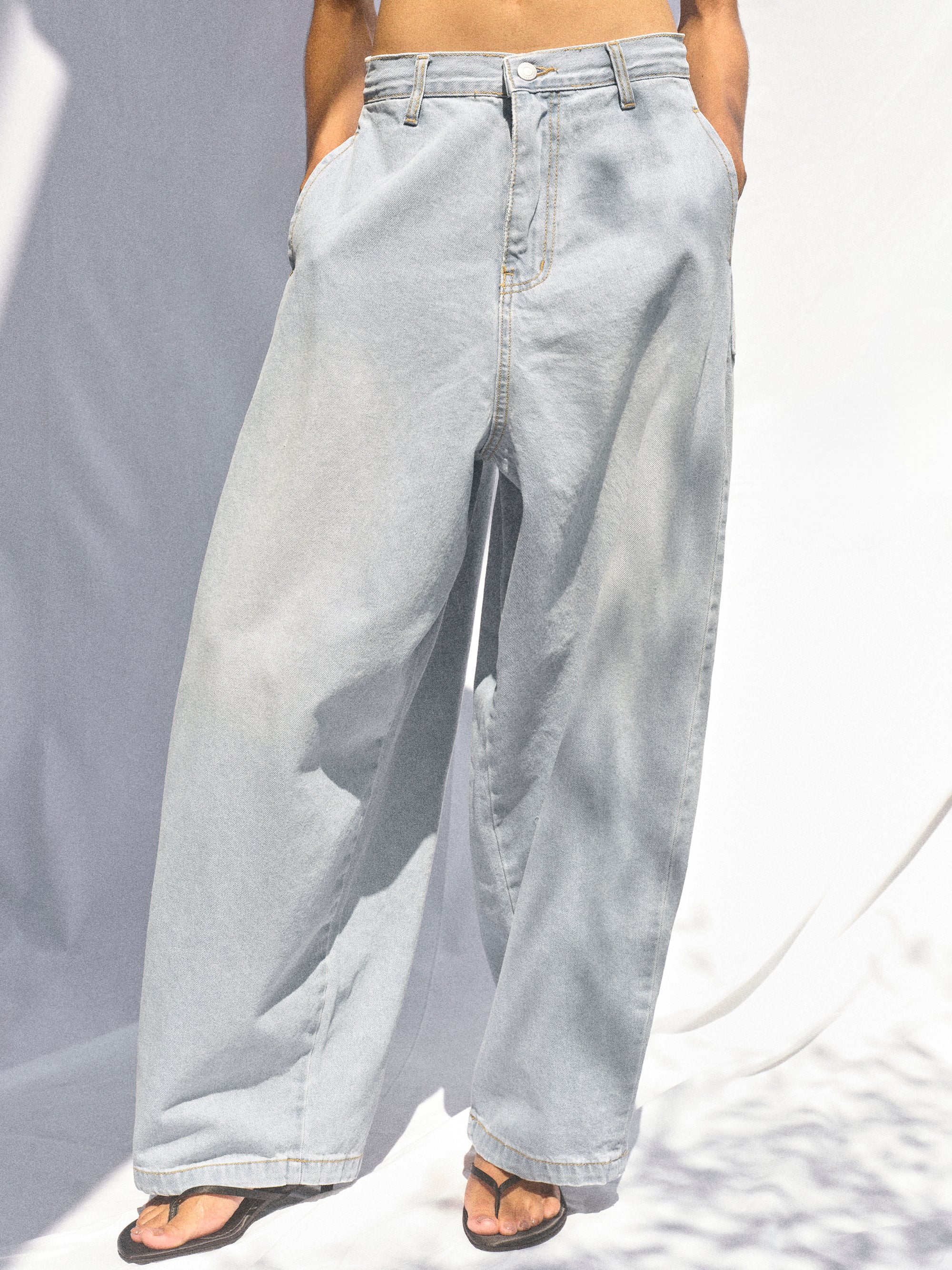 Panel-Seam Wide-Leg Jeans, Light Blue