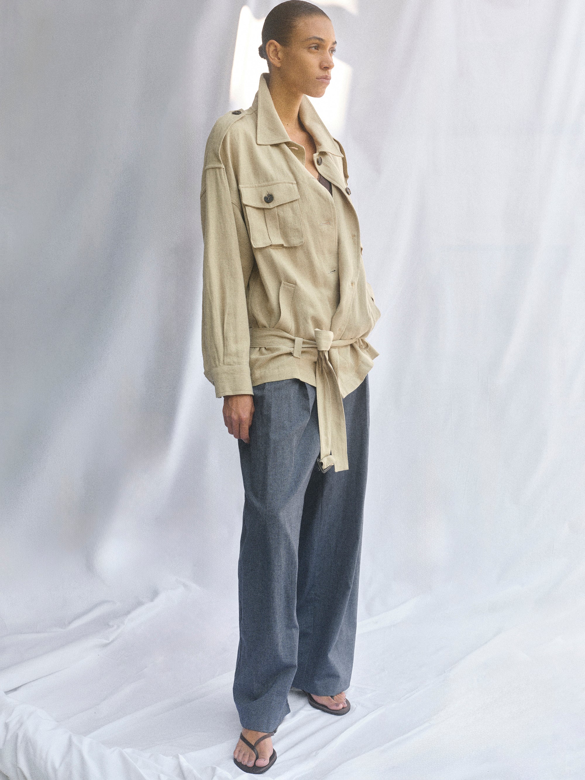Linen-Blend Safari Jacket, Khaki