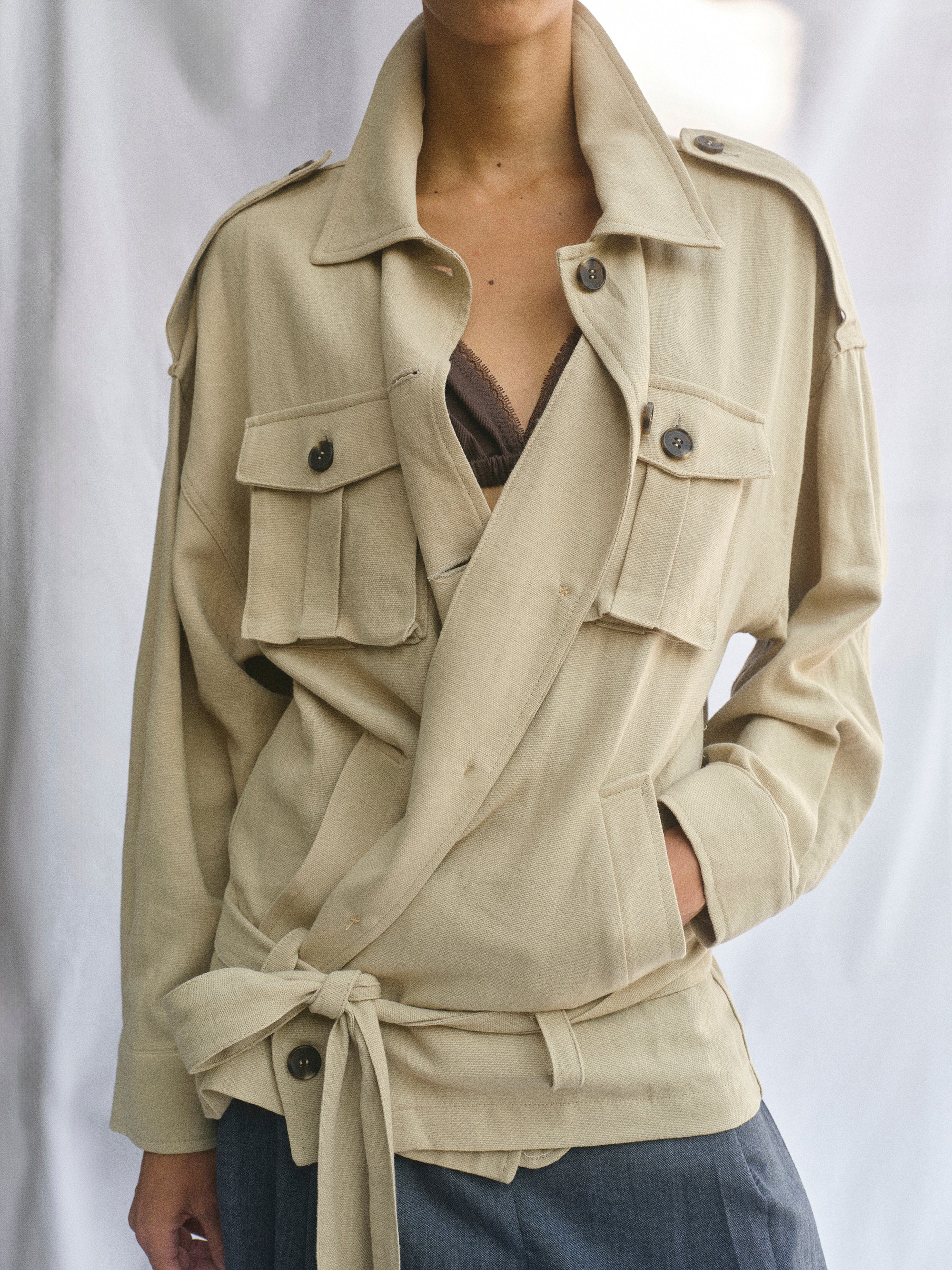 Linen-Blend Safari Jacket, Khaki