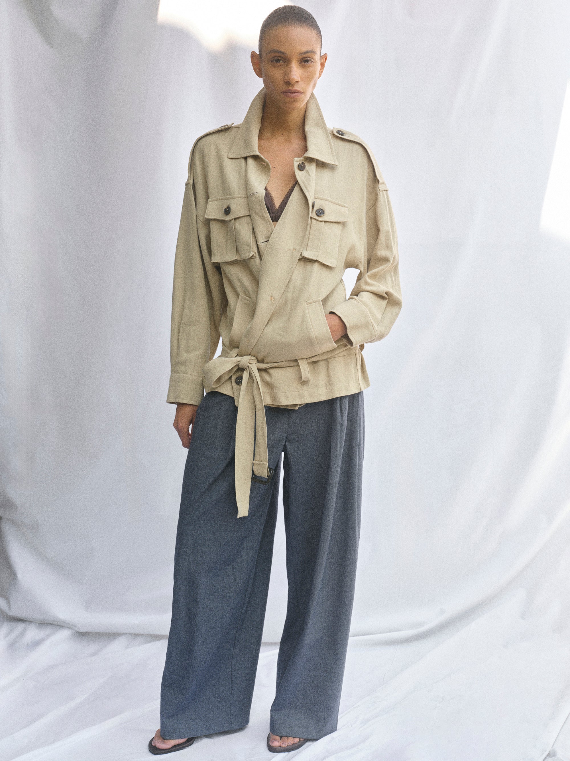 Linen-Blend Safari Jacket, Khaki