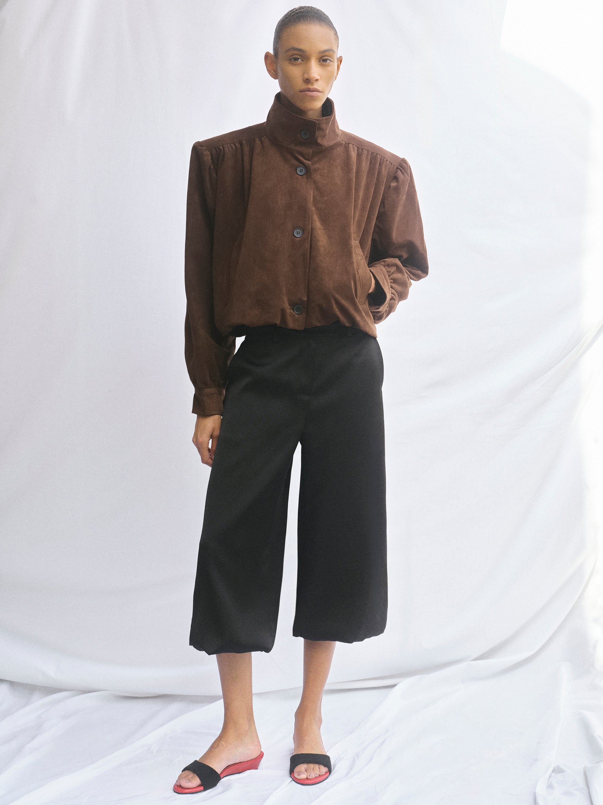 Lalisa Ruched Suede Bomber, Brown