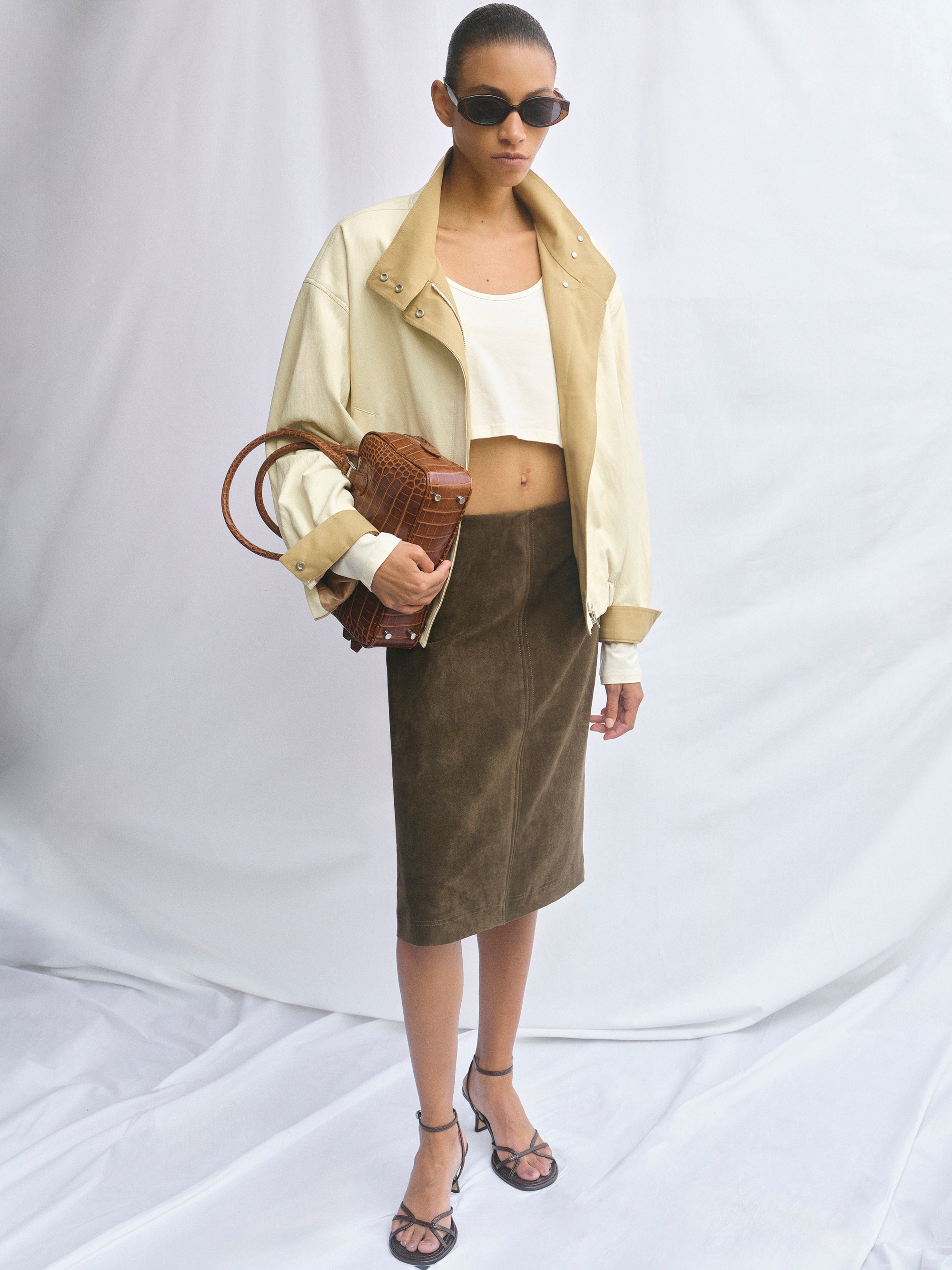 Contrast Panel Faux-Leather Jacket, Cream