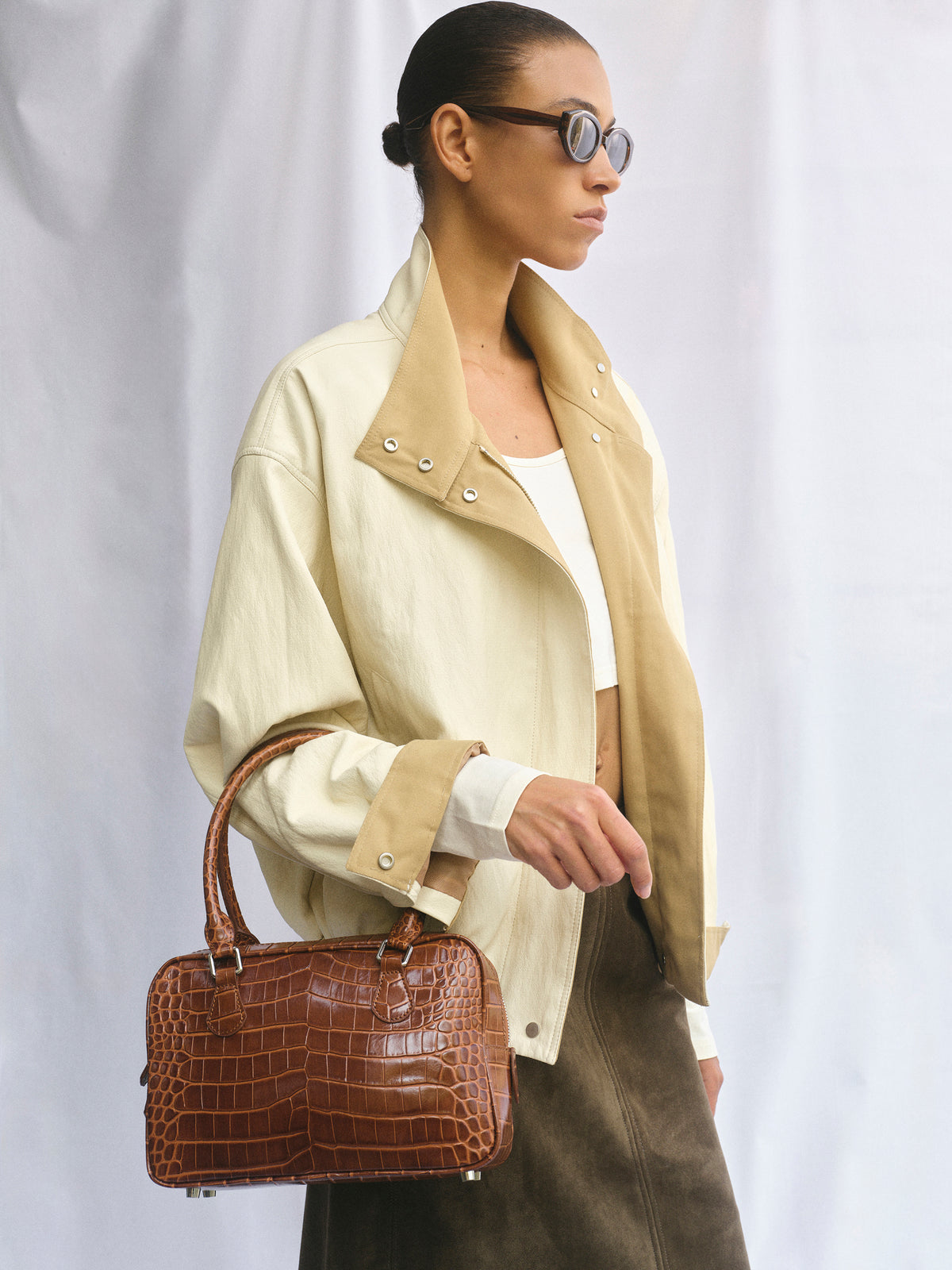 Yves Croc-embossed Leather Bag, Chocolate