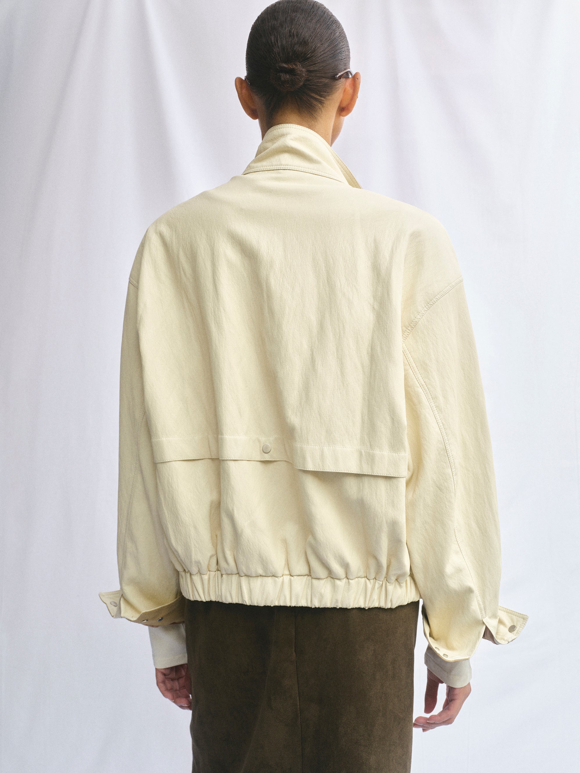 Contrast Panel Faux-Leather Jacket, Cream