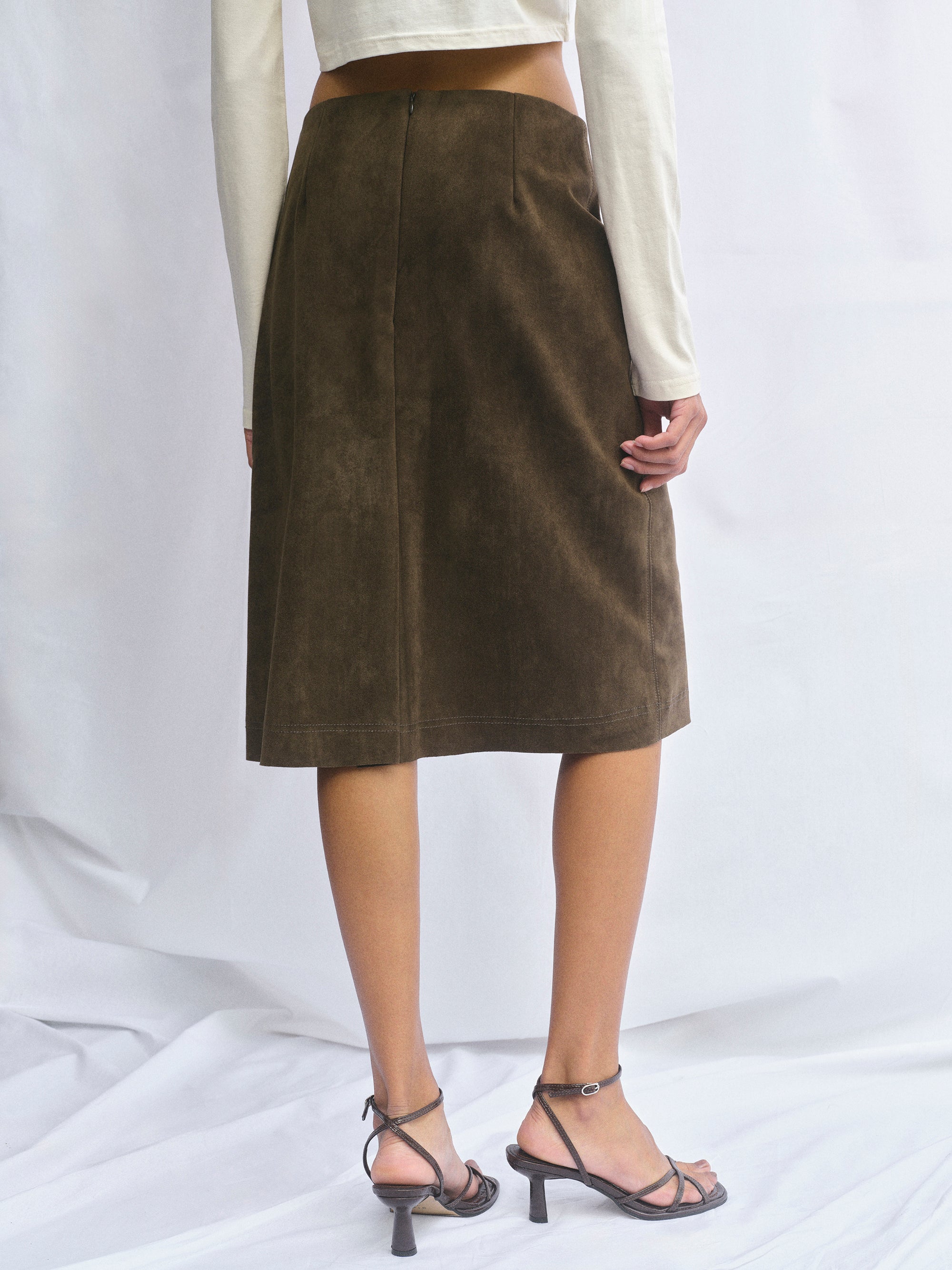 Faux Suede Midi Skirt, Brown