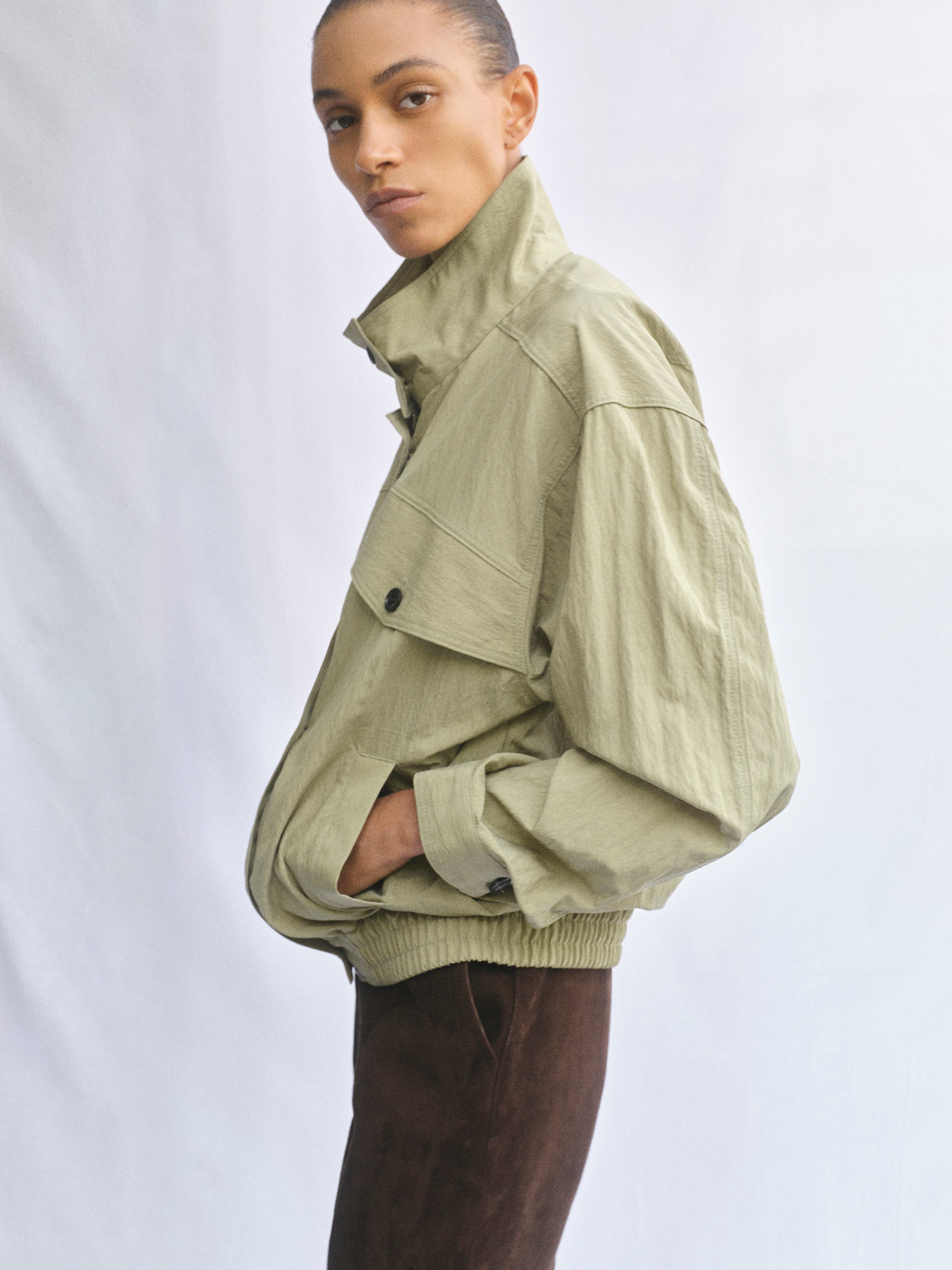 Crinkled Blouson Jacket, Khaki