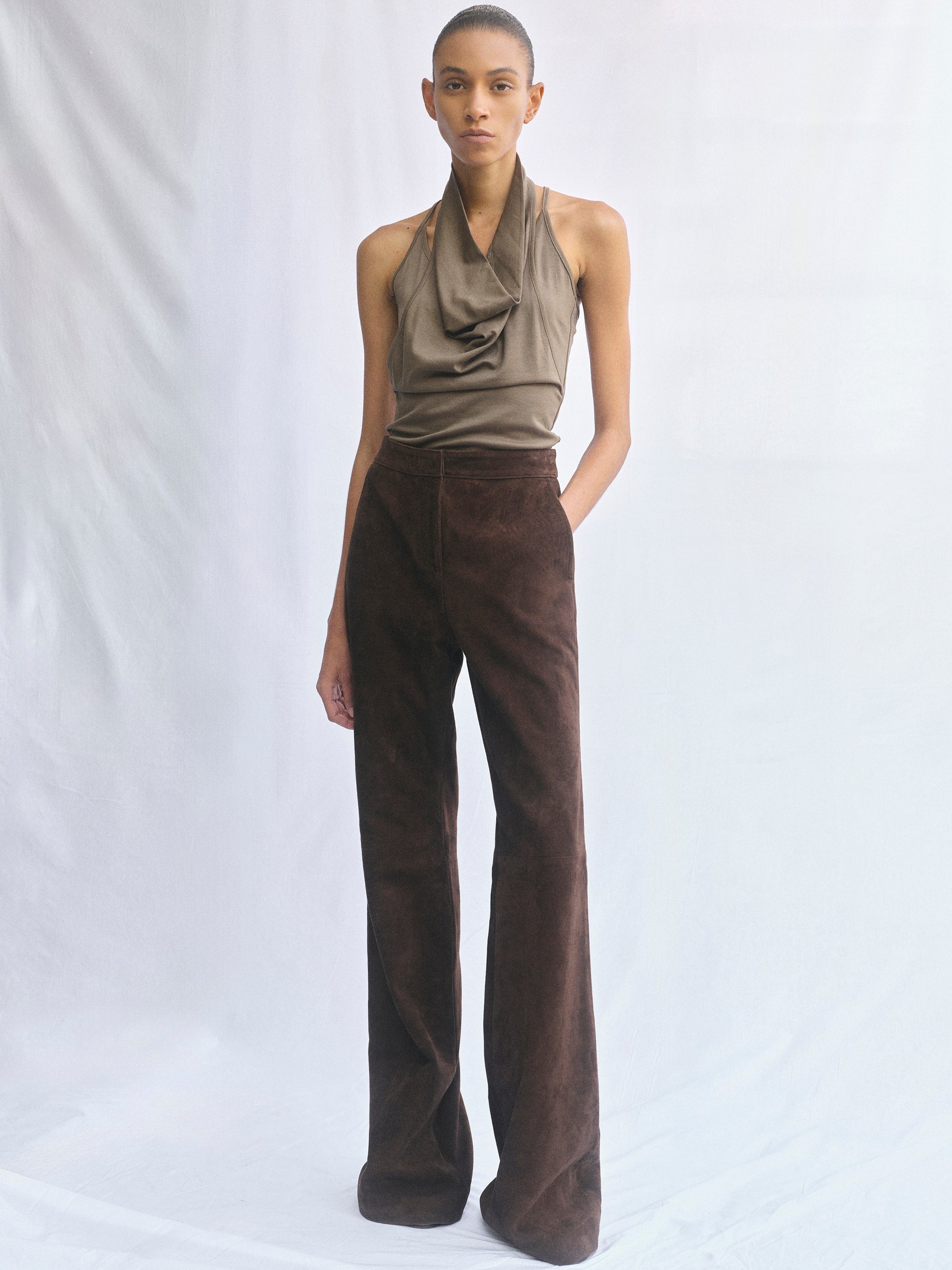 Layered Cowl Halter Top, Khaki