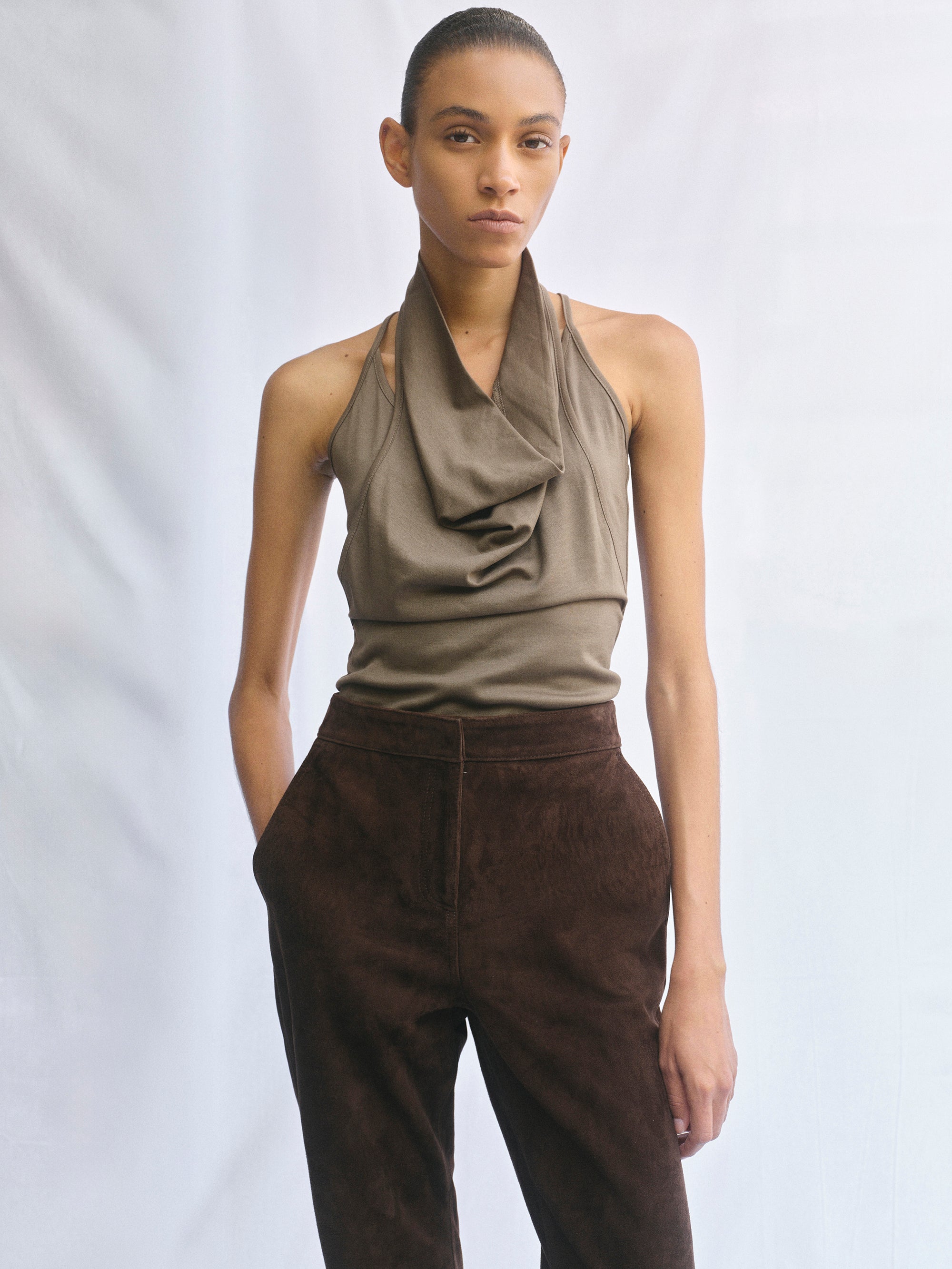 Layered Cowl Halter Top, Khaki