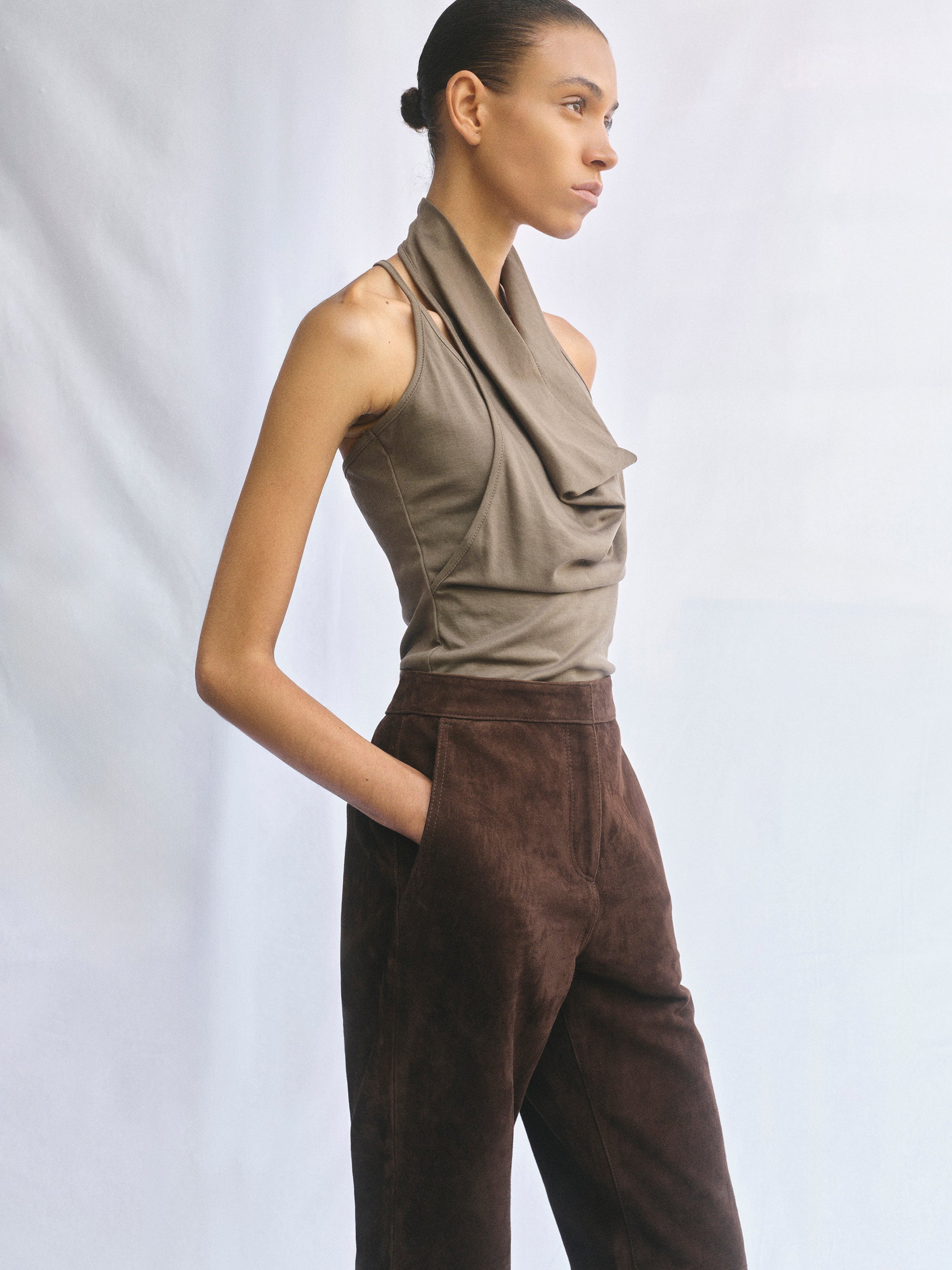 Layered Cowl Halter Top, Khaki