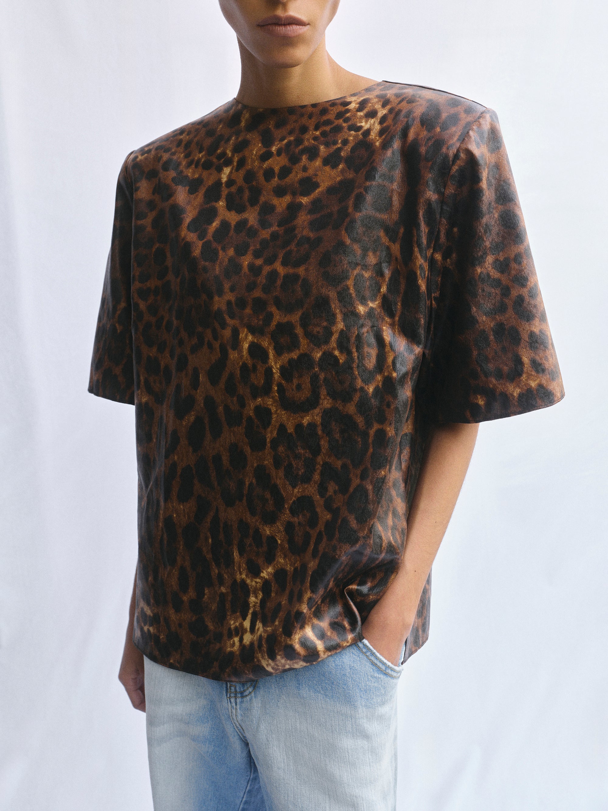 Printed Shoulder-Pad Top, Leopard