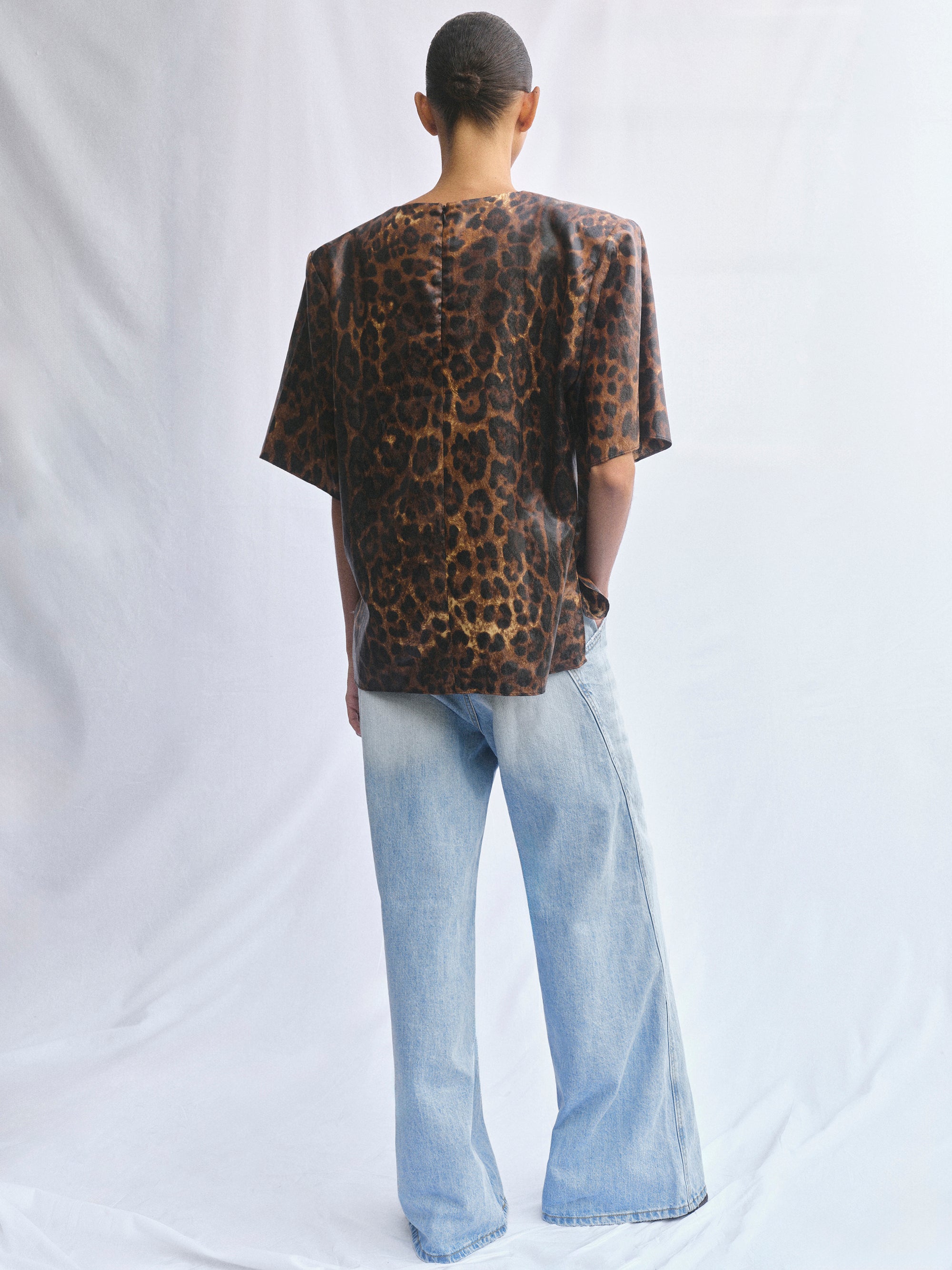 Printed Shoulder-Pad Top, Leopard