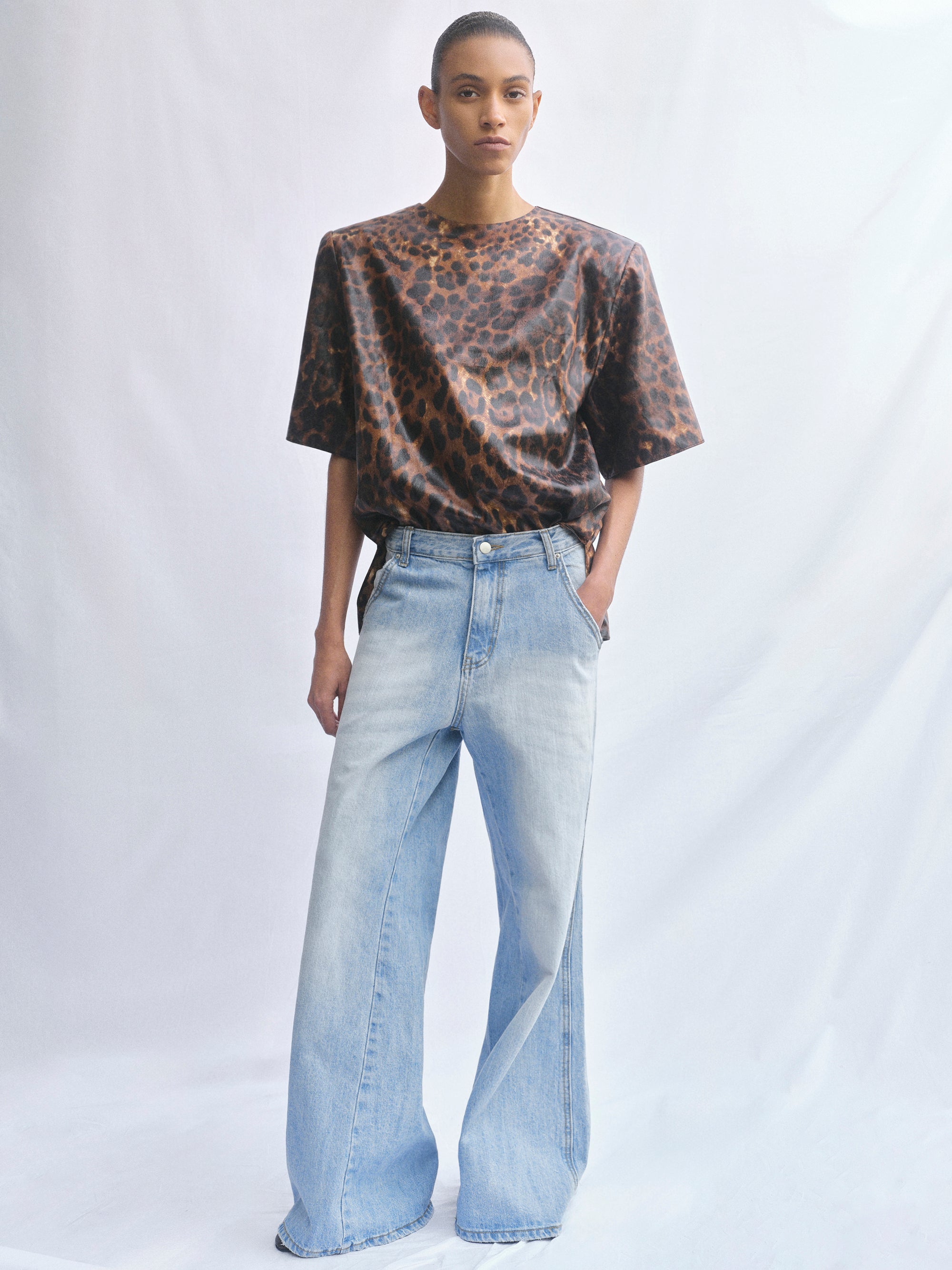 Printed Shoulder-Pad Top, Leopard