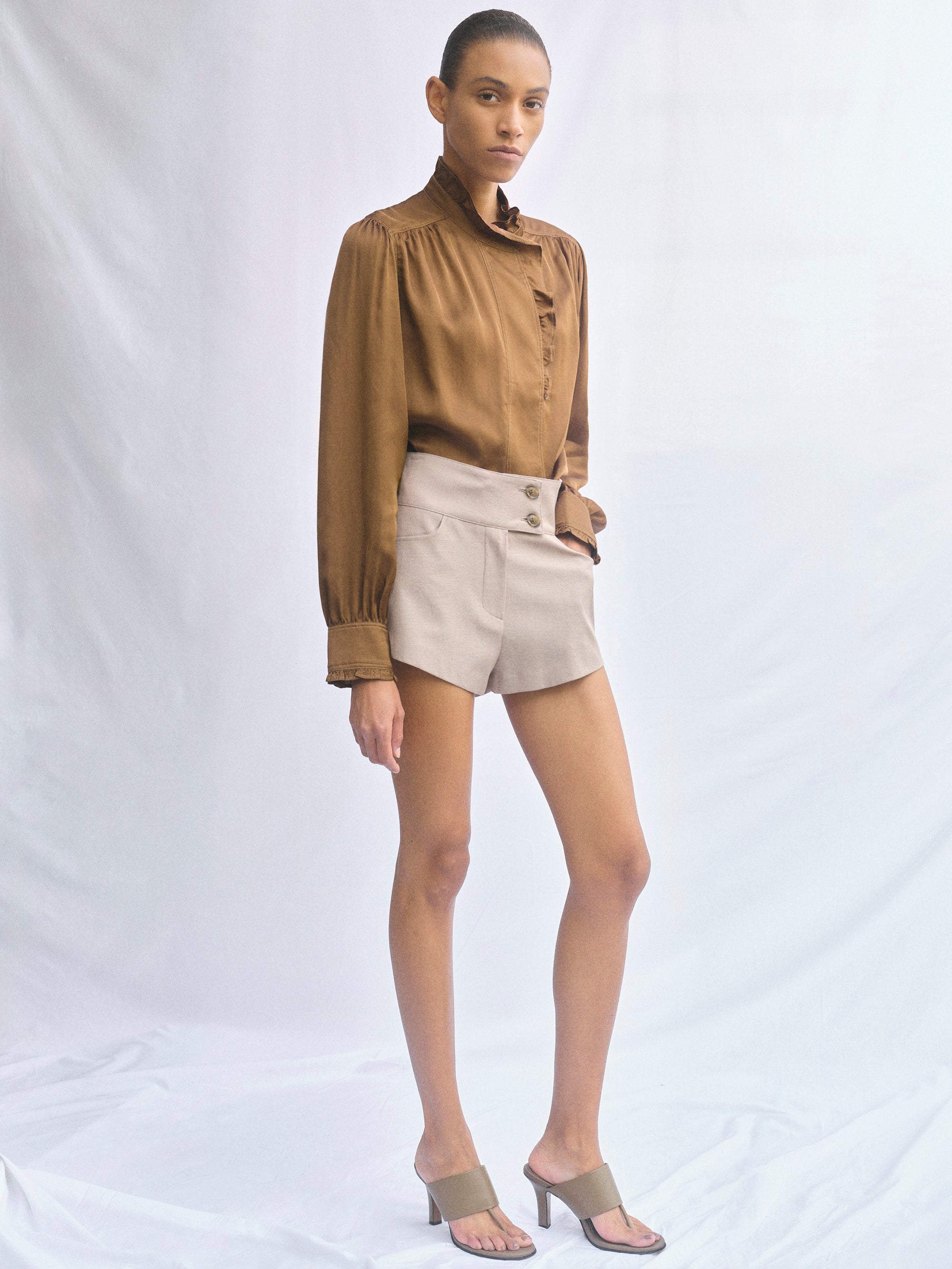 Frilled Neck Blouse, Brown