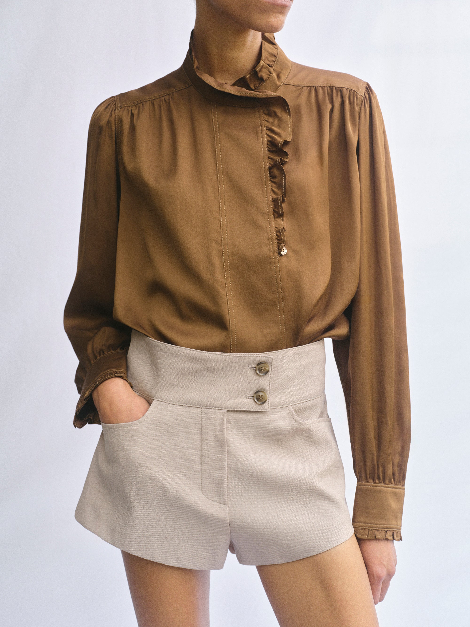 Frilled Neck Blouse, Brown